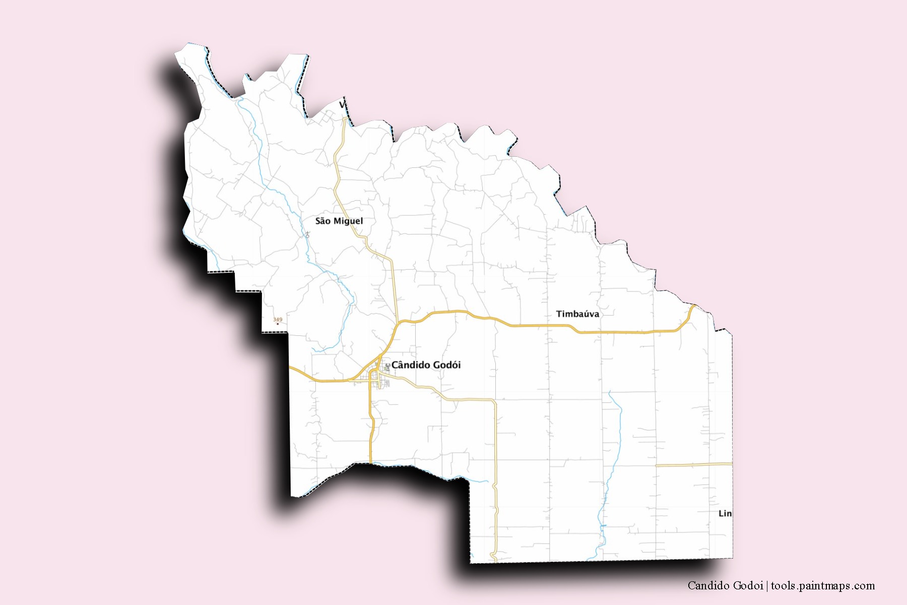 Mapa de barrios y pueblos de Candido Godoi con efecto de sombra 3D