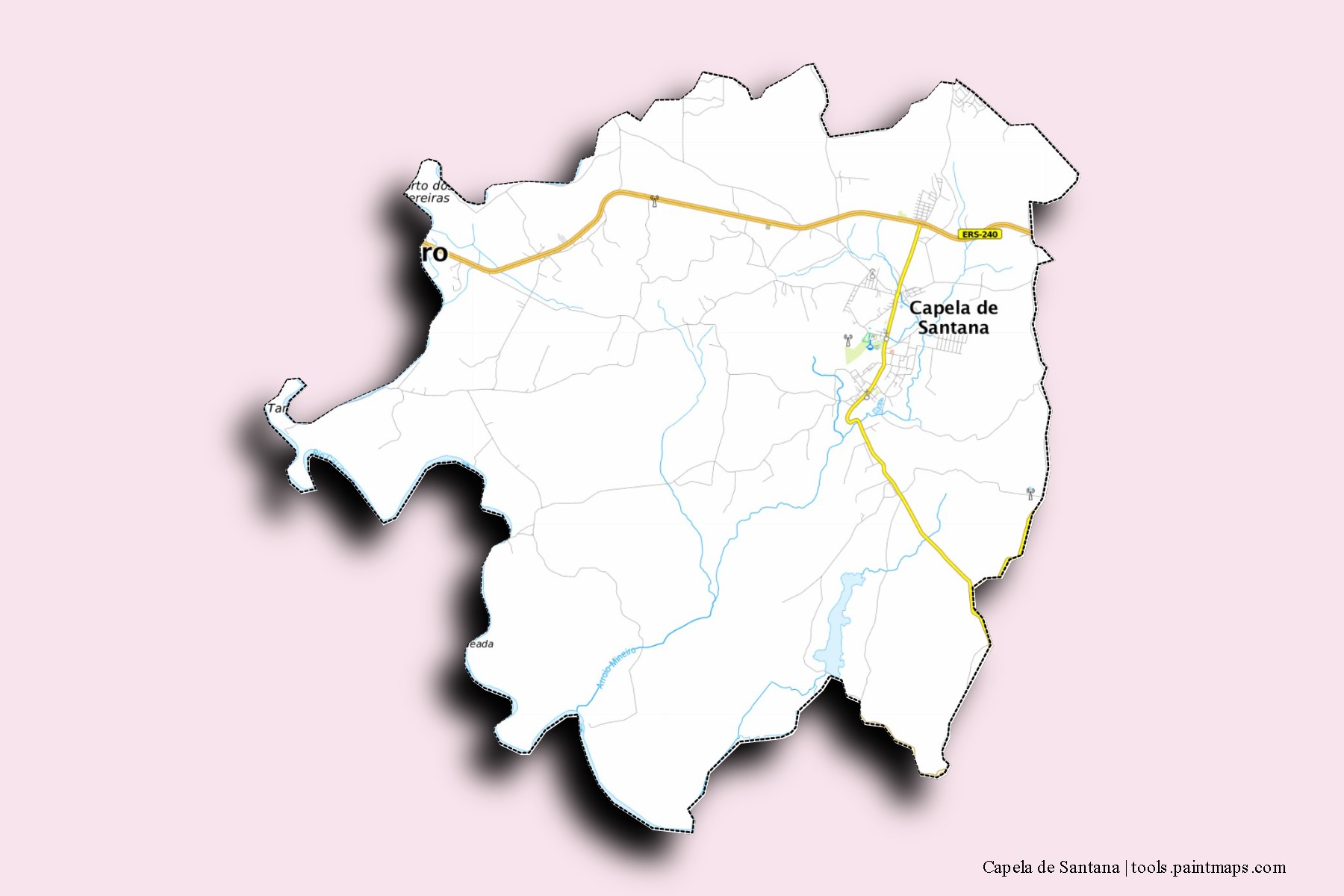 Mapa de barrios y pueblos de Capela de Santana con efecto de sombra 3D