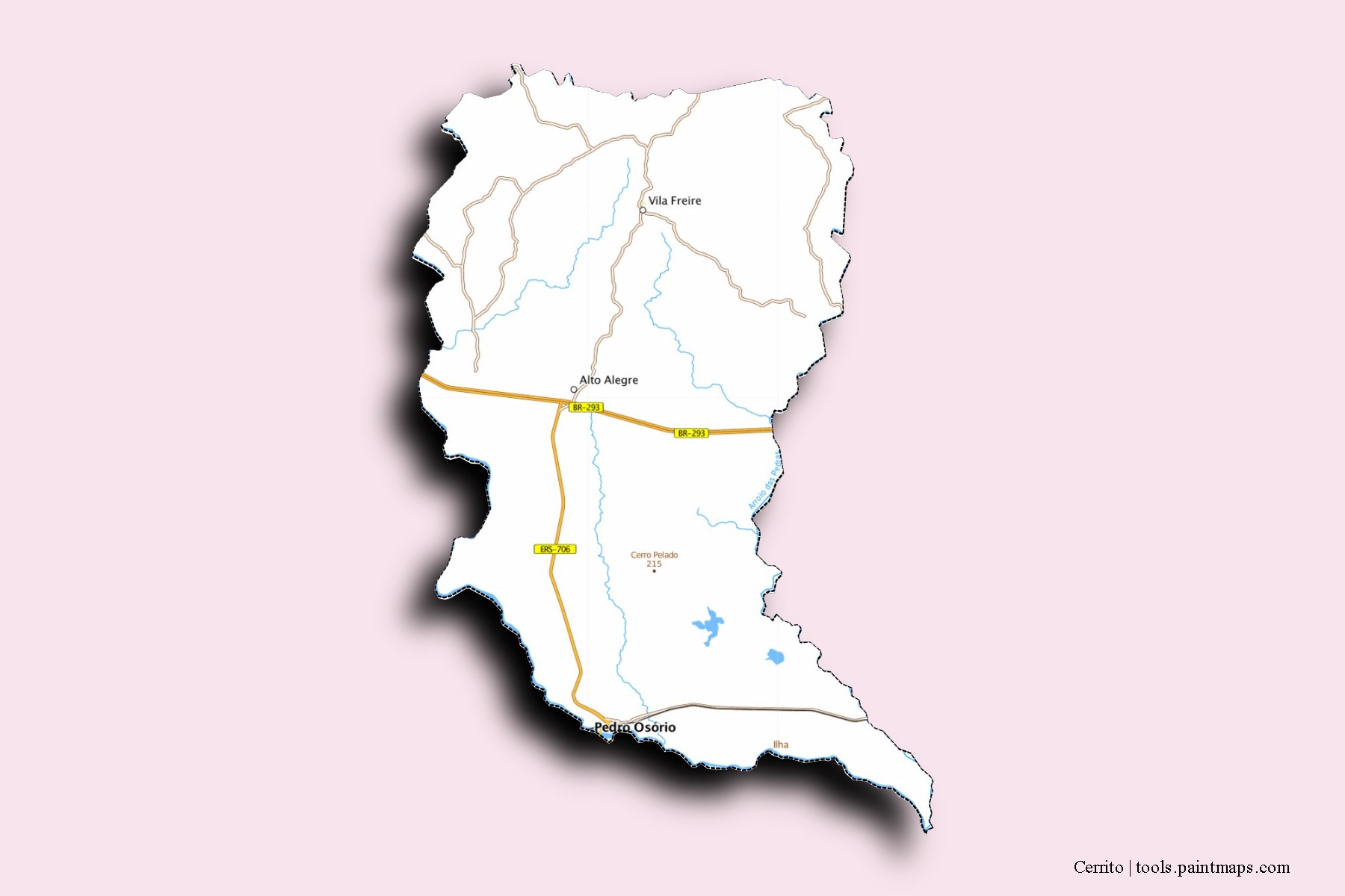 Mapa de barrios y pueblos de Cerrito con efecto de sombra 3D