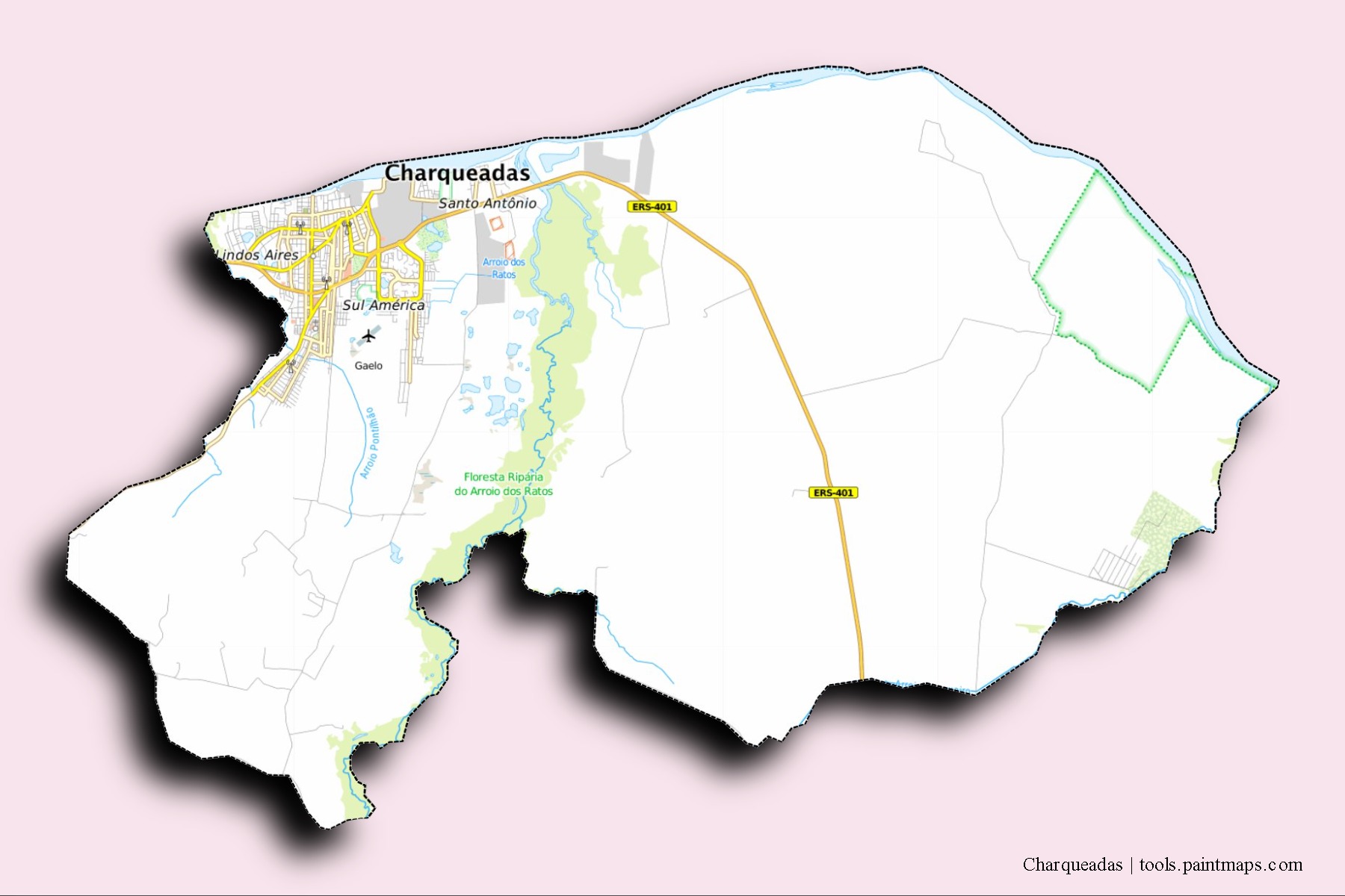 Charqueadas neighborhoods and villages map with 3D shadow effect