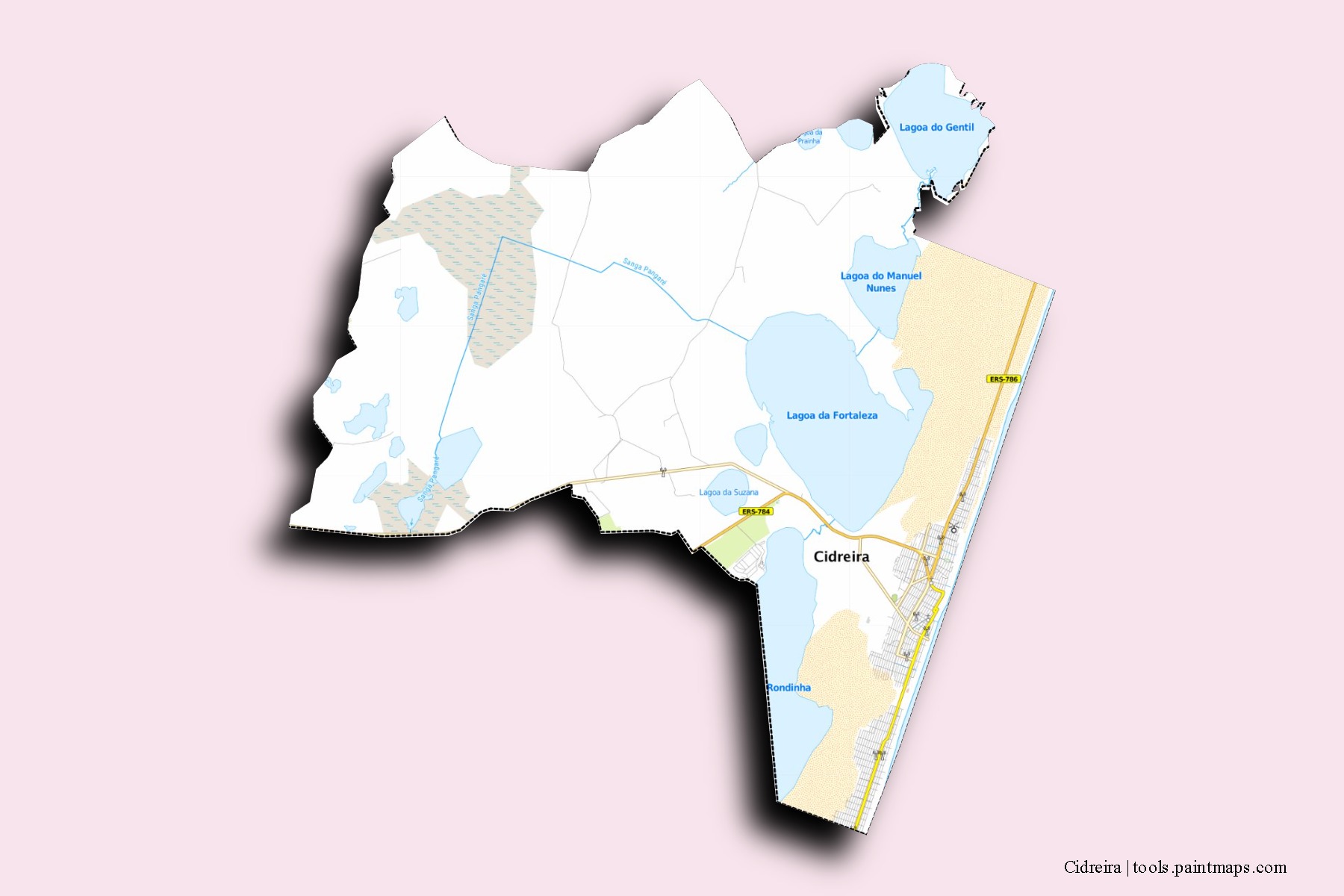 Mapa de barrios y pueblos de Cidreira con efecto de sombra 3D