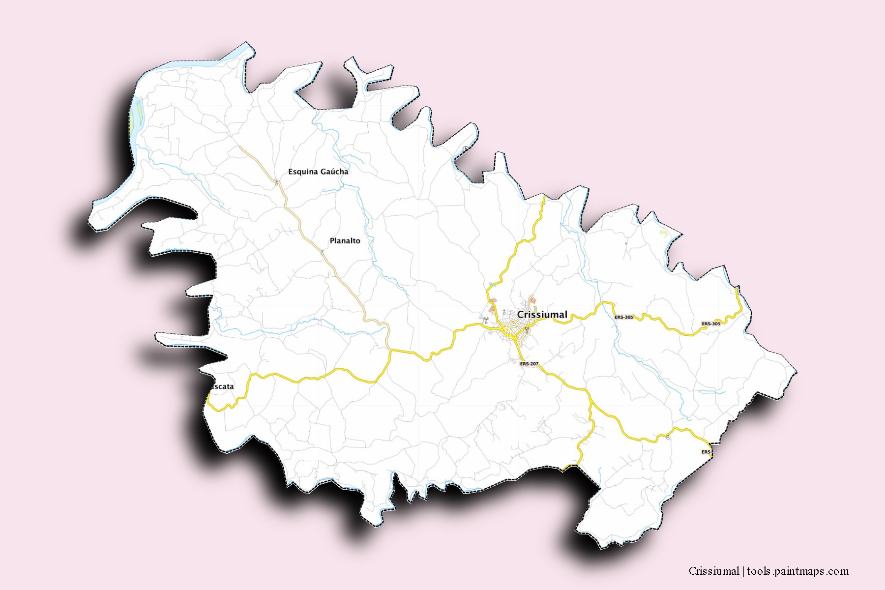 Mapa de barrios y pueblos de Crissiumal con efecto de sombra 3D