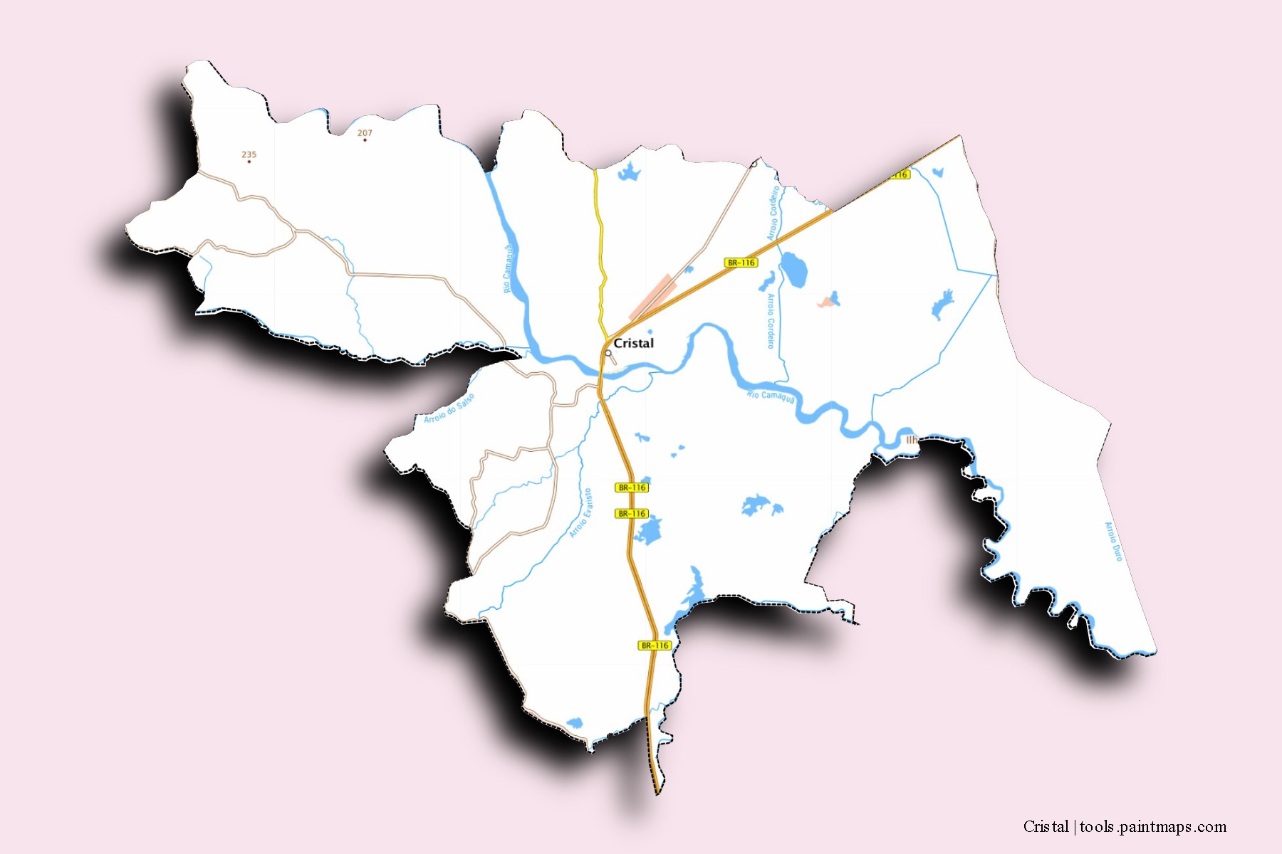 Mapa de barrios y pueblos de Cristal con efecto de sombra 3D