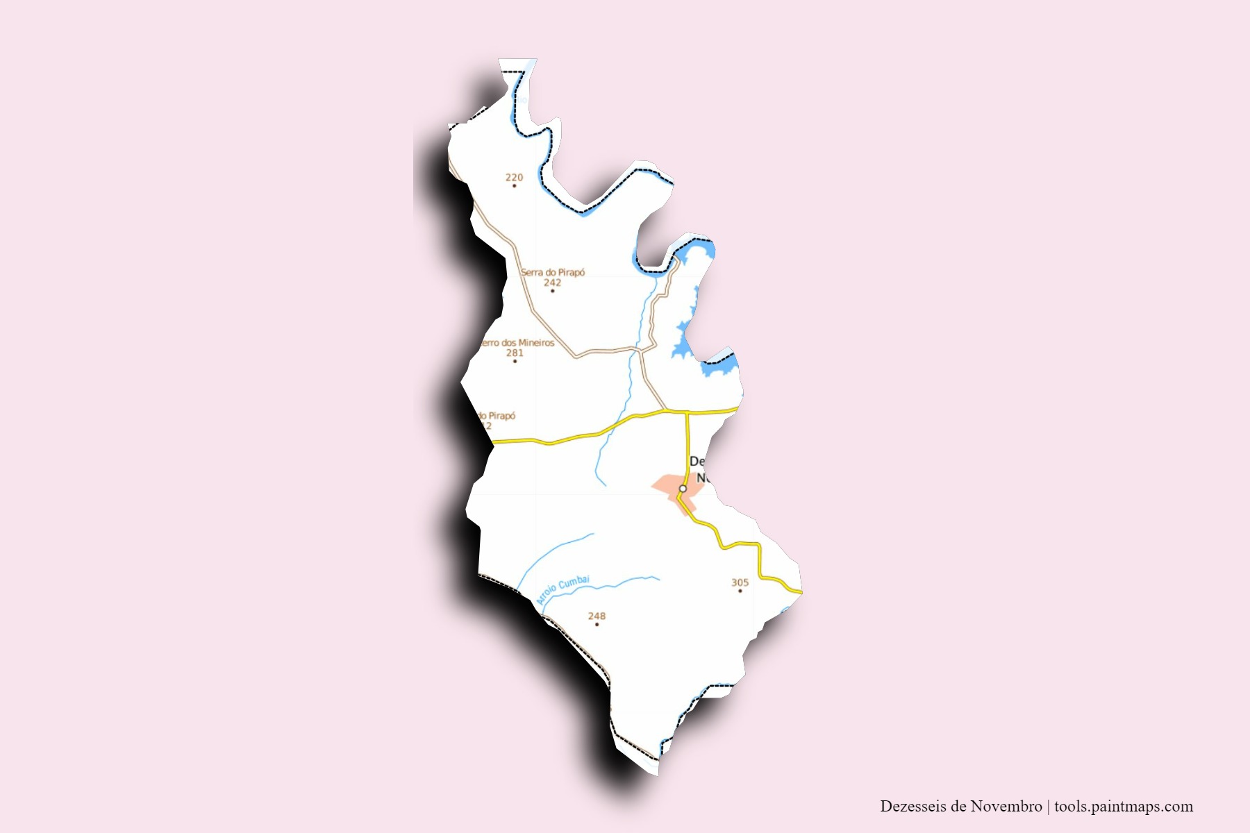 Mapa de barrios y pueblos de Dezesseis de Novembro con efecto de sombra 3D