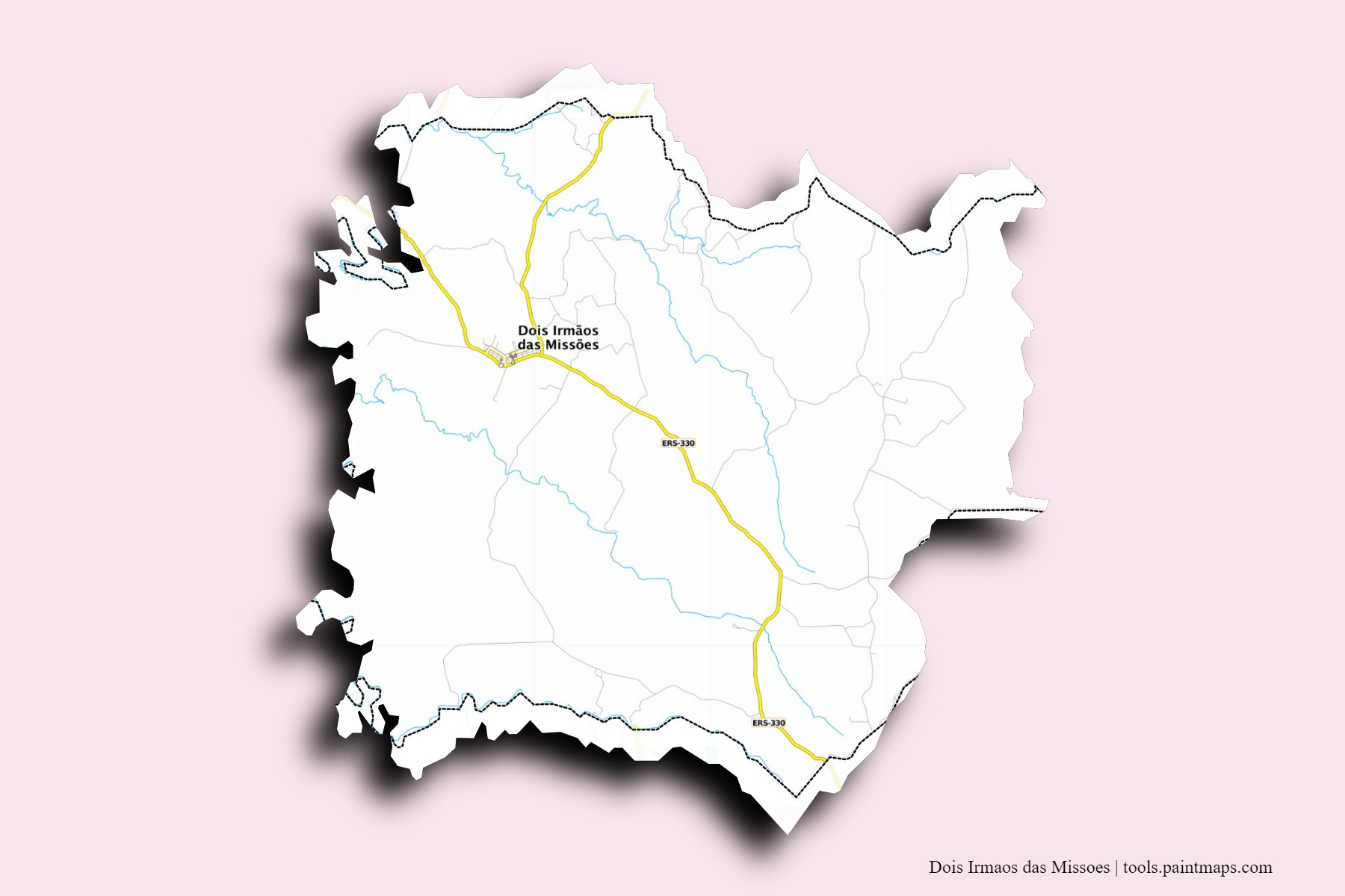 Mapa de barrios y pueblos de Dois Irmaos das Missoes con efecto de sombra 3D