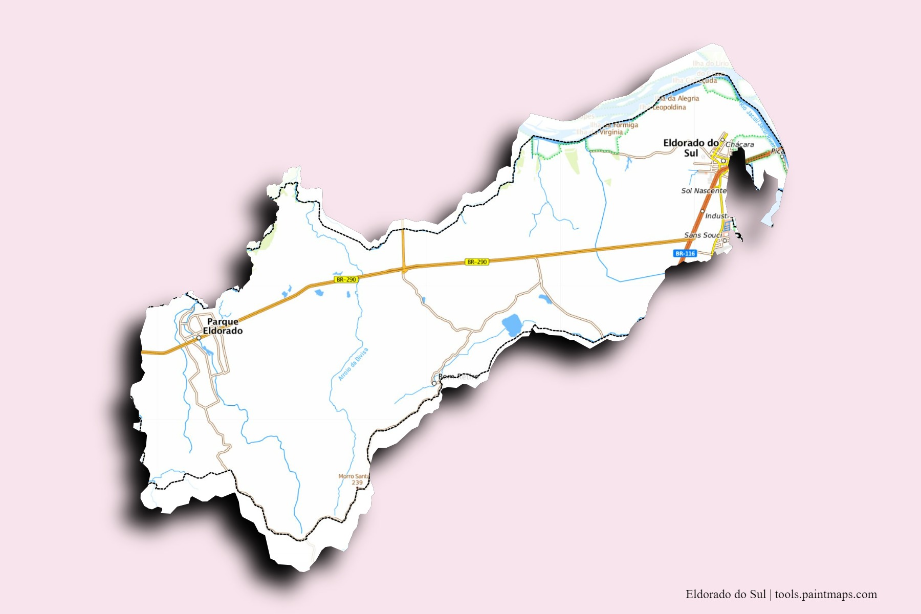3D gölge efektli Eldorado do Sul mahalleleri ve köyleri haritası