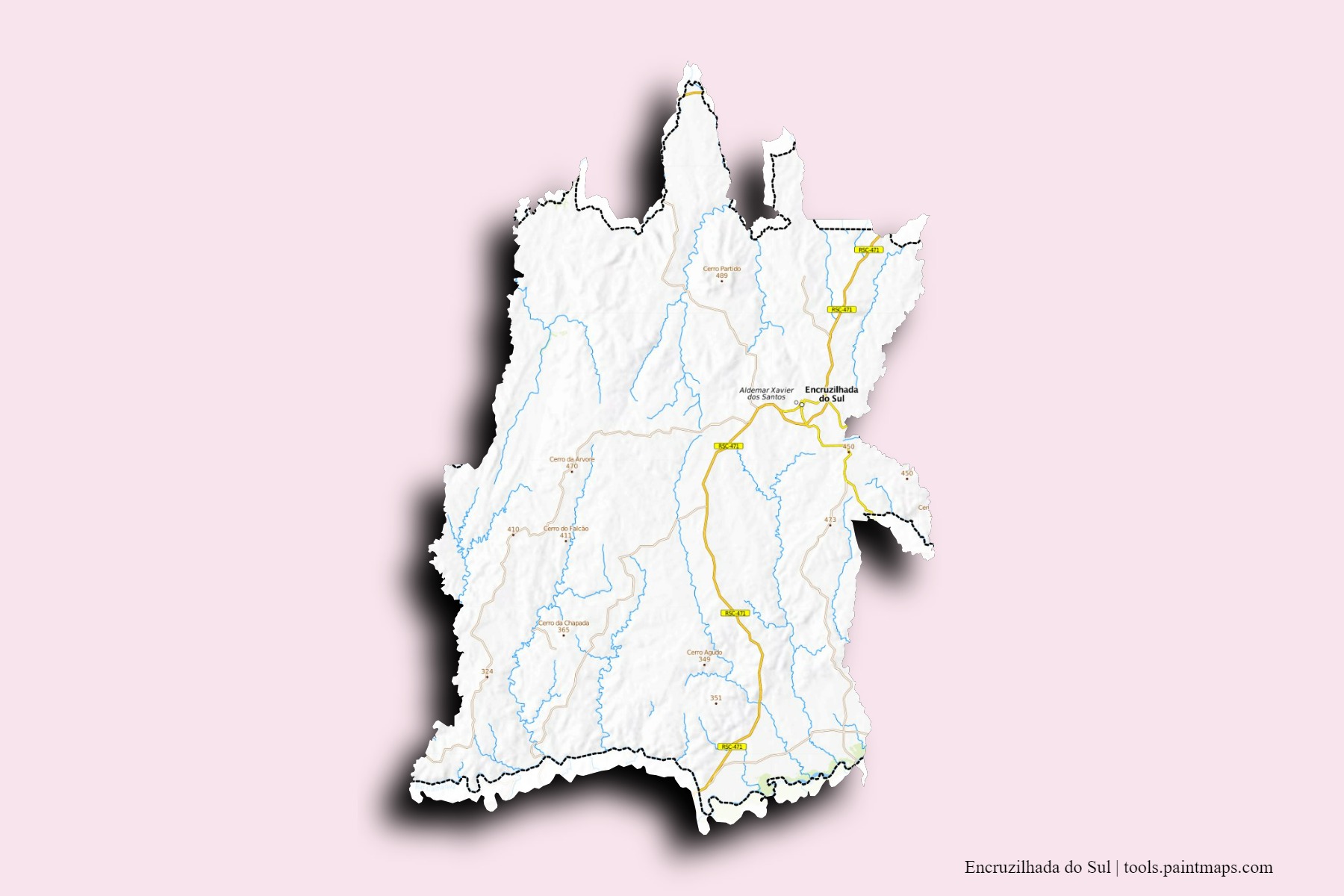 Mapa de barrios y pueblos de Encruzilhada do Sul con efecto de sombra 3D