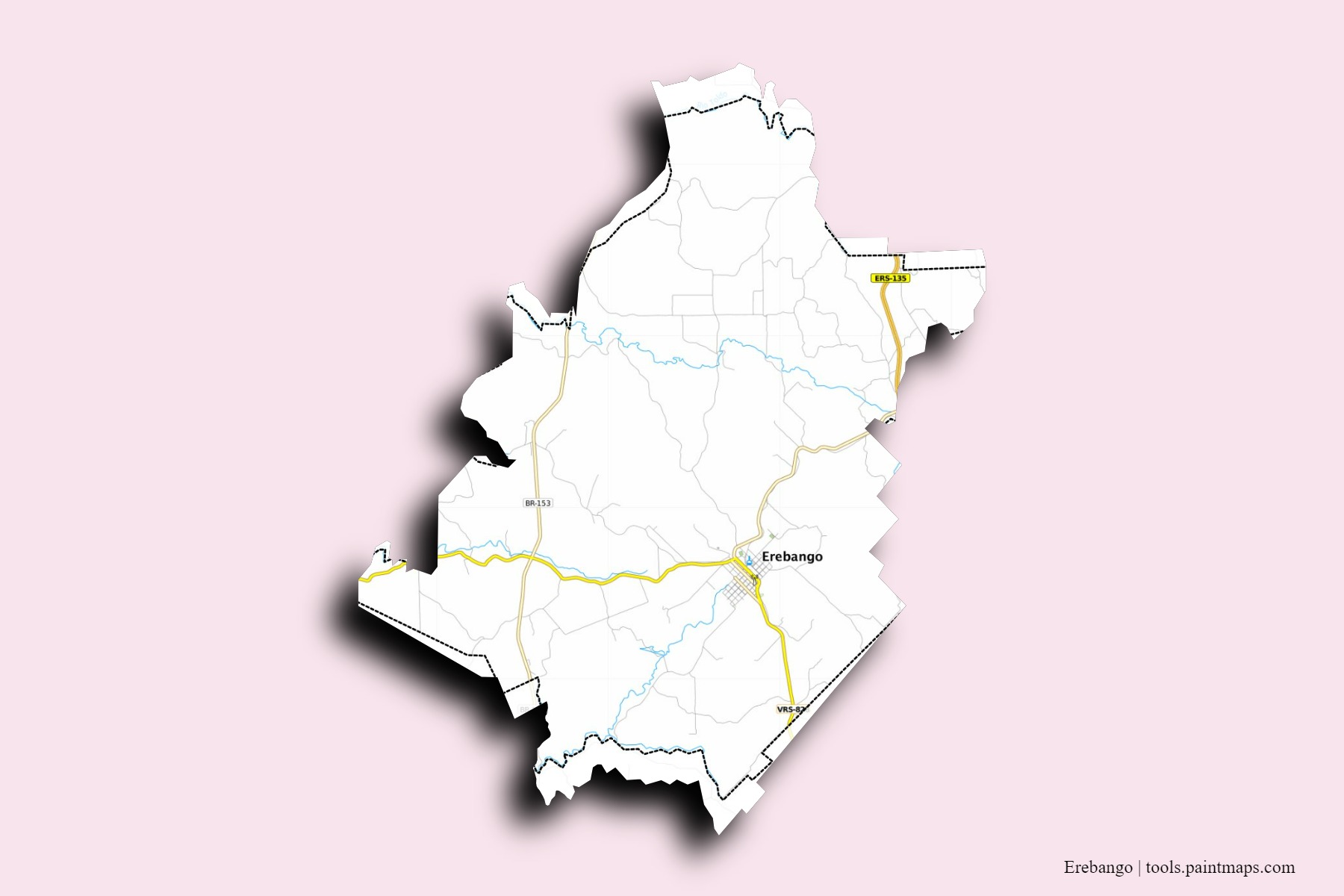 Mapa de barrios y pueblos de Erebango con efecto de sombra 3D