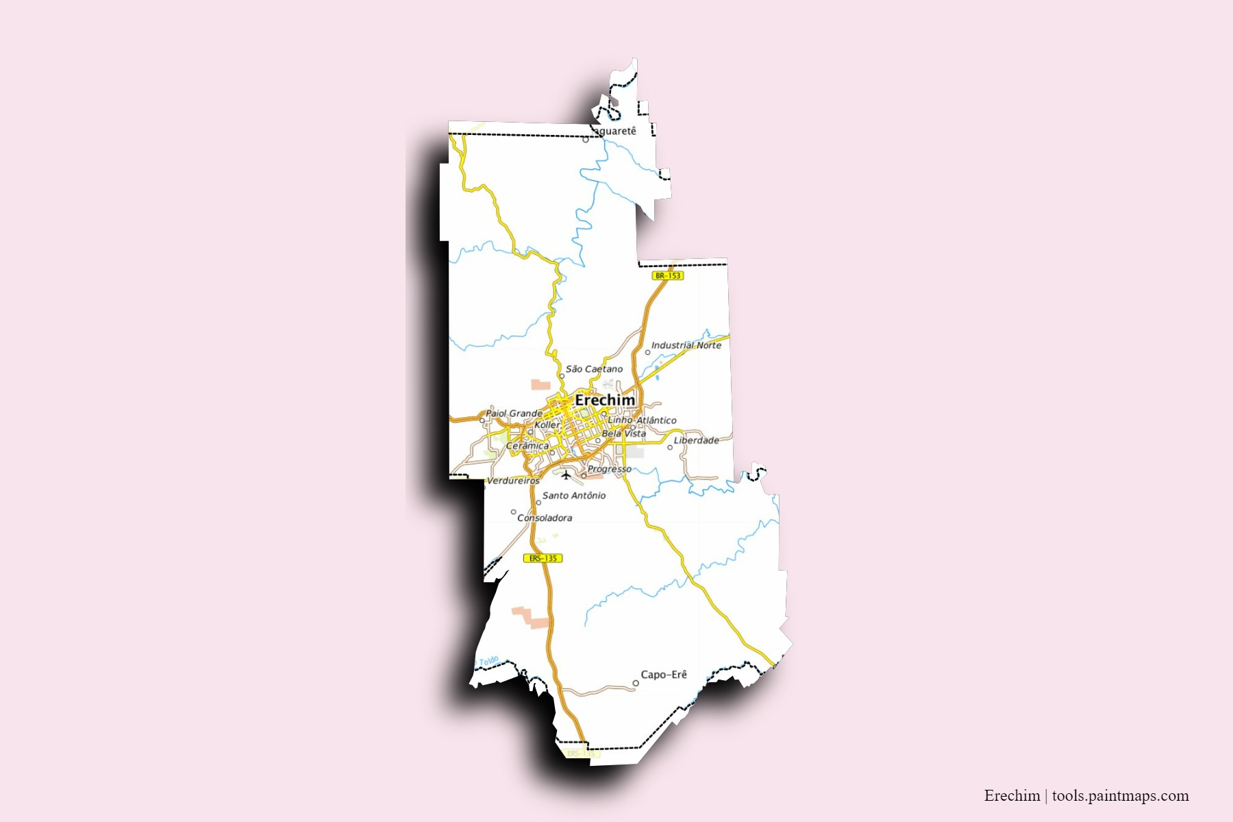 Mapa de barrios y pueblos de Erechim con efecto de sombra 3D