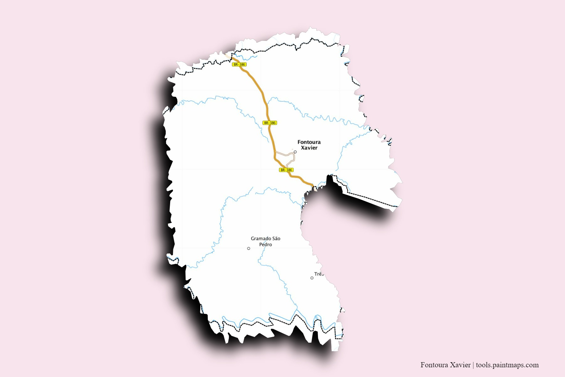 Mapa de barrios y pueblos de Fontoura Xavier con efecto de sombra 3D