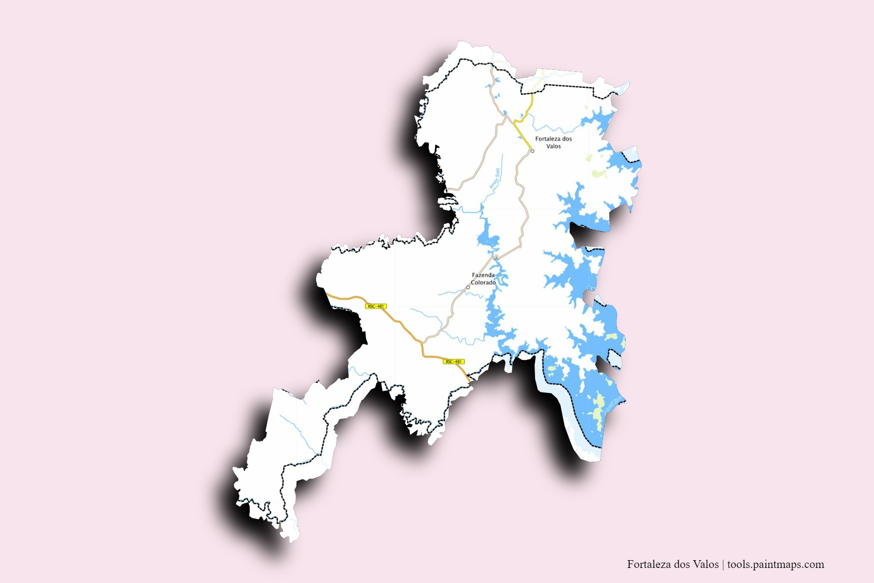 Mapa de barrios y pueblos de Fortaleza dos Valos con efecto de sombra 3D