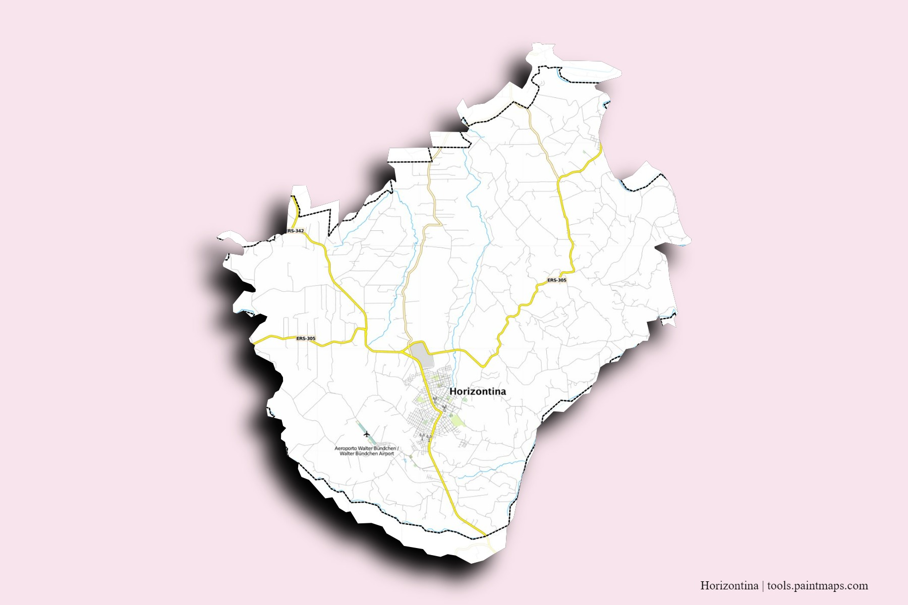 Mapa de barrios y pueblos de Horizontina con efecto de sombra 3D