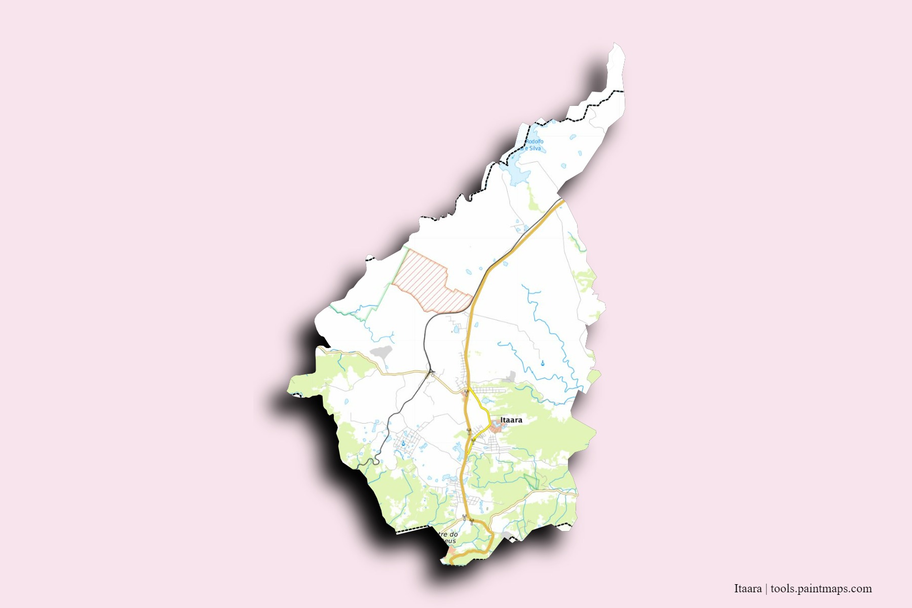 Mapa de barrios y pueblos de Itaara con efecto de sombra 3D