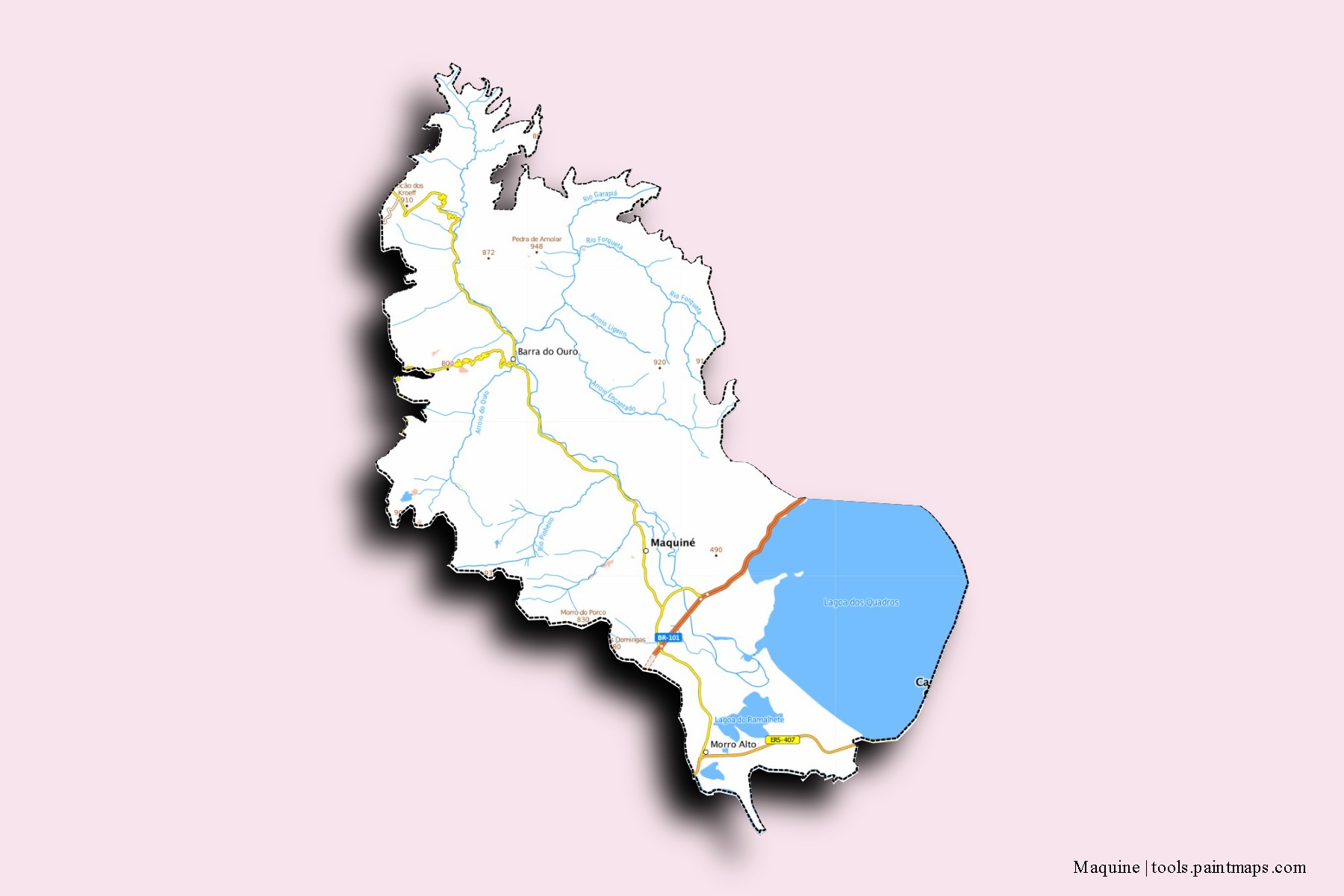 Mapa de barrios y pueblos de Maquine con efecto de sombra 3D