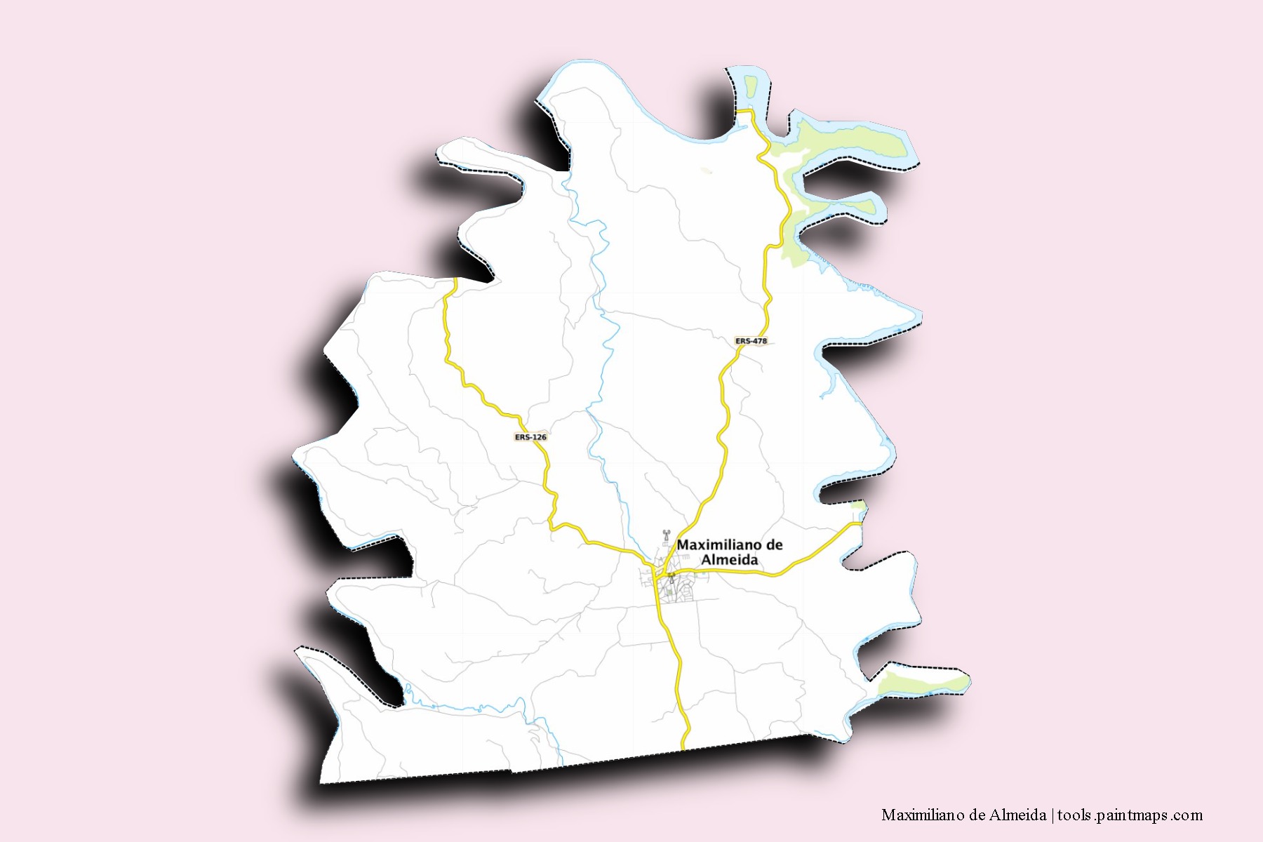 Mapa de barrios y pueblos de Maximiliano de Almeida con efecto de sombra 3D