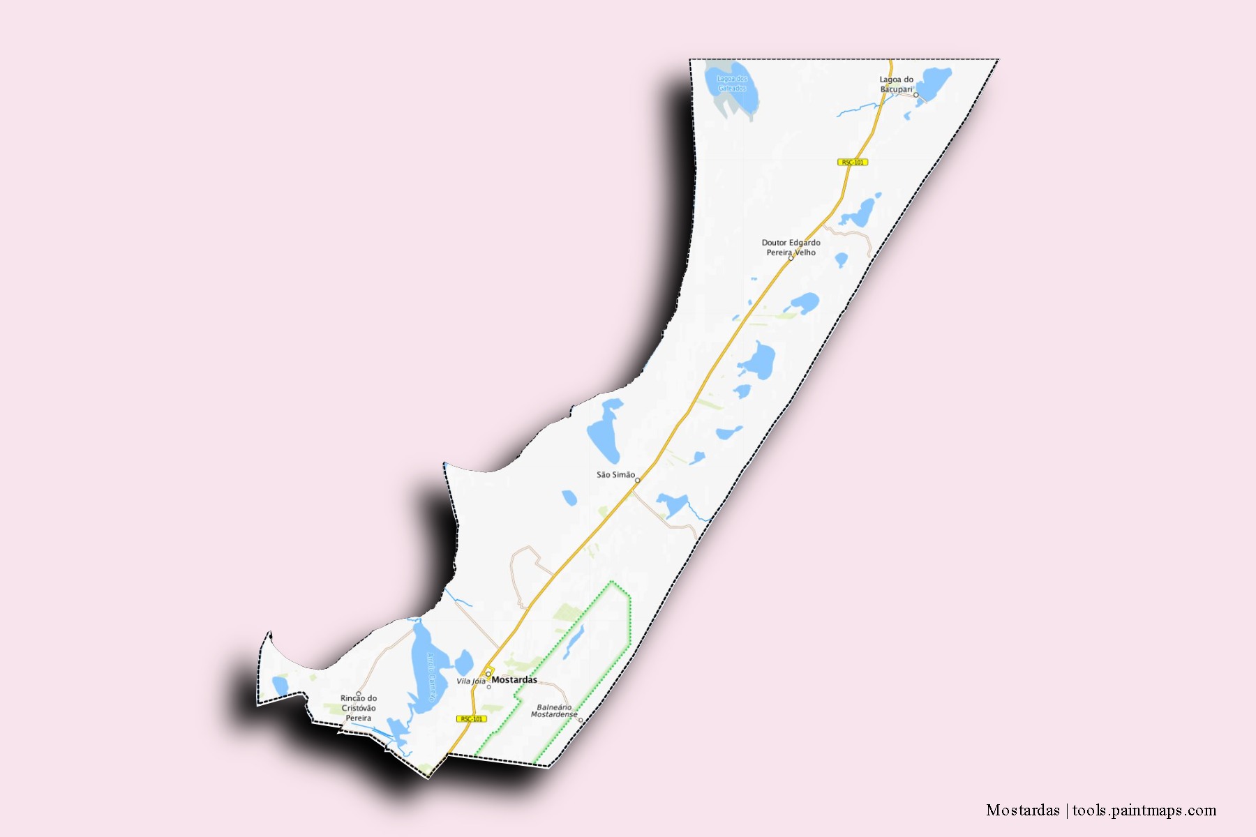 Mostardas neighborhoods and villages map with 3D shadow effect