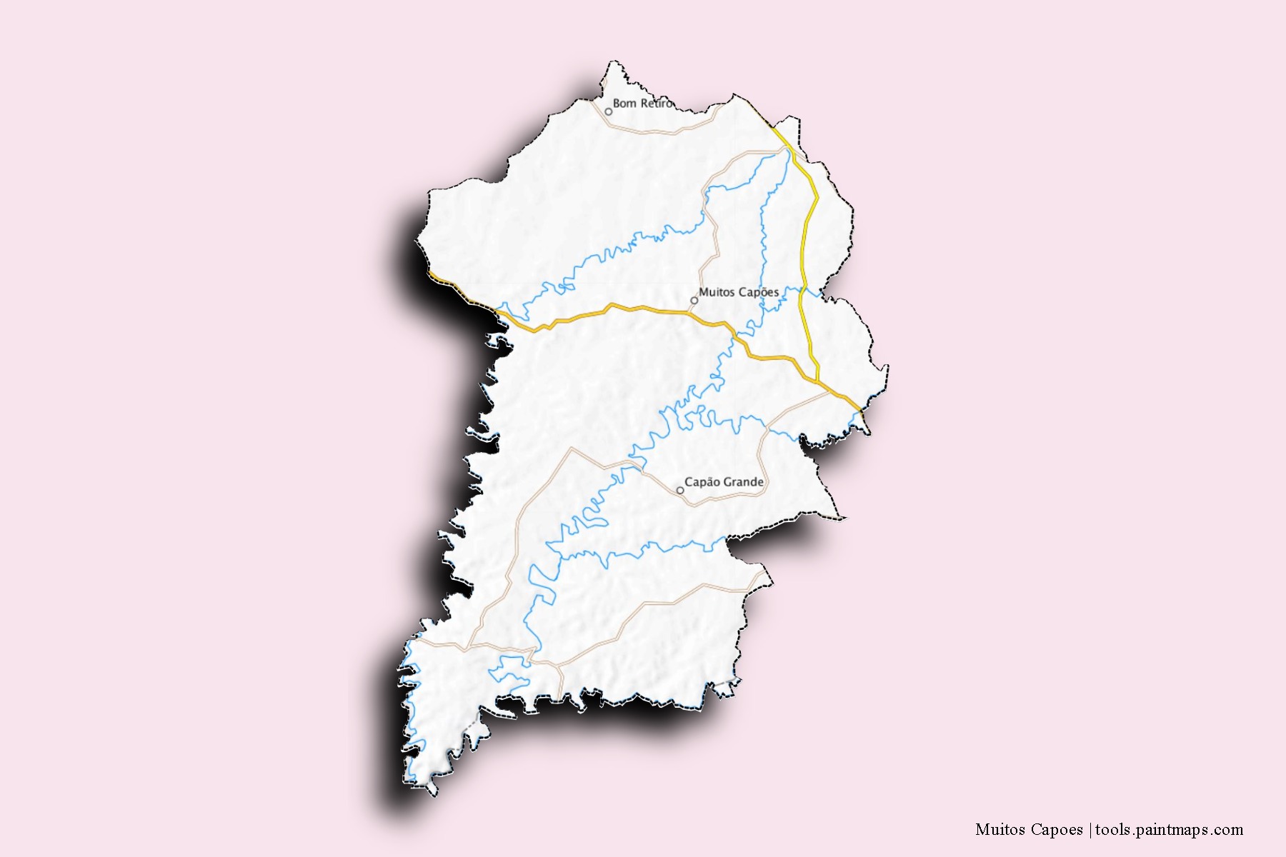 Mapa de barrios y pueblos de Muitos Capoes con efecto de sombra 3D