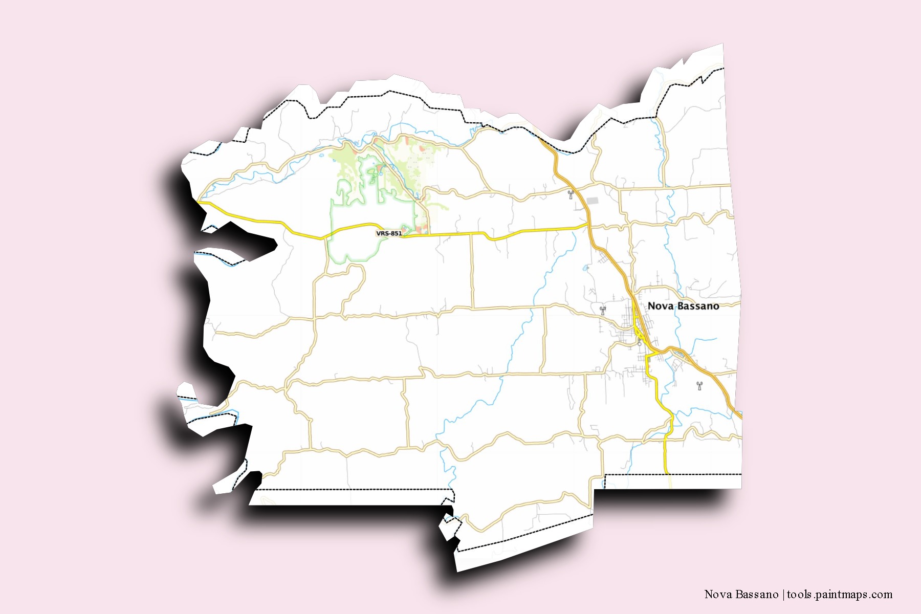 Mapa de barrios y pueblos de Nova Bassano con efecto de sombra 3D