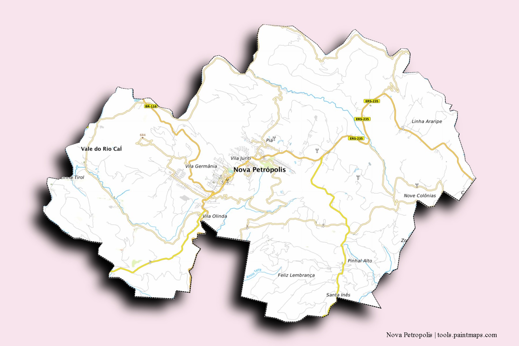 Mapa de barrios y pueblos de Nova Petropolis con efecto de sombra 3D