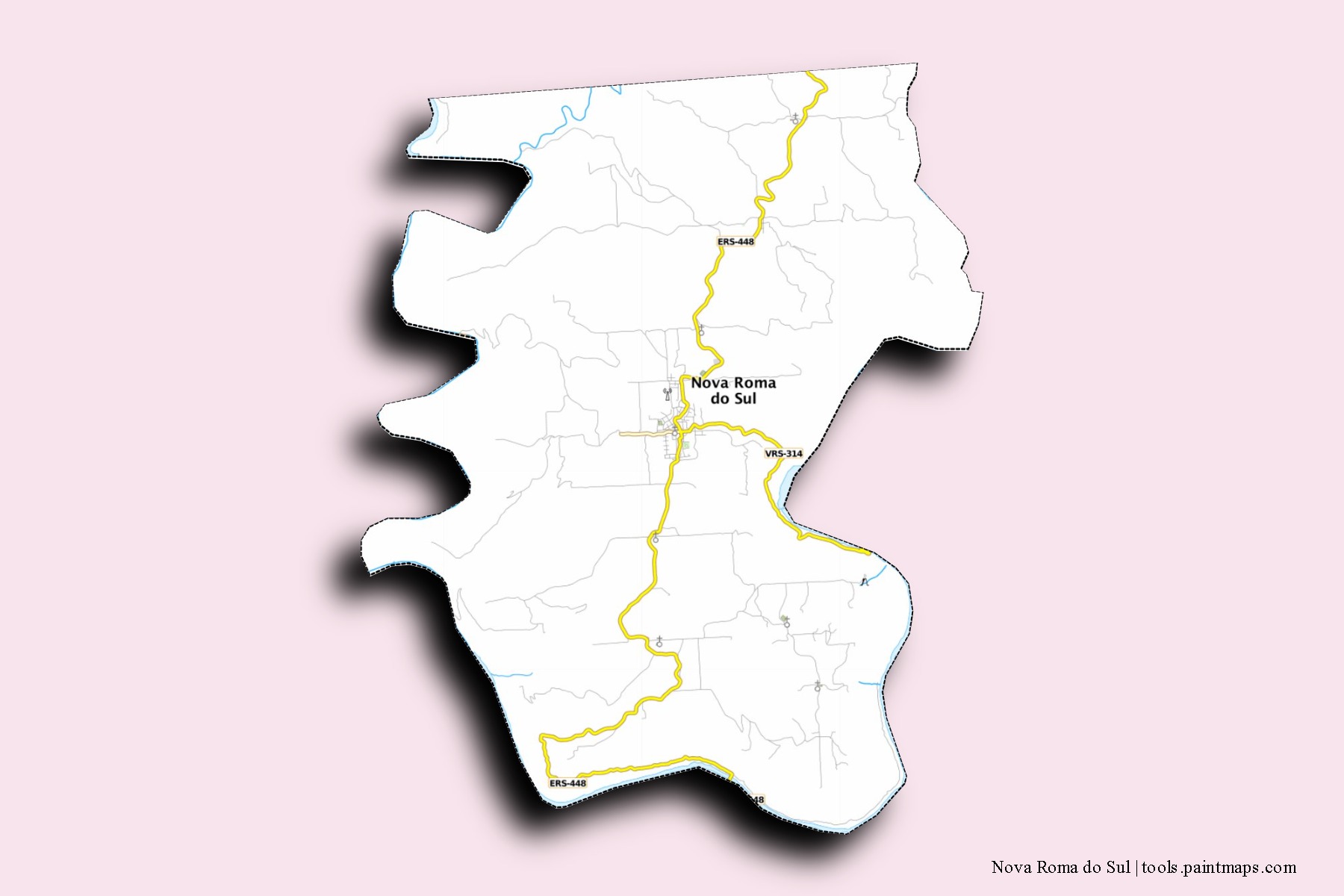 Mapa de barrios y pueblos de Nova Roma do Sul con efecto de sombra 3D