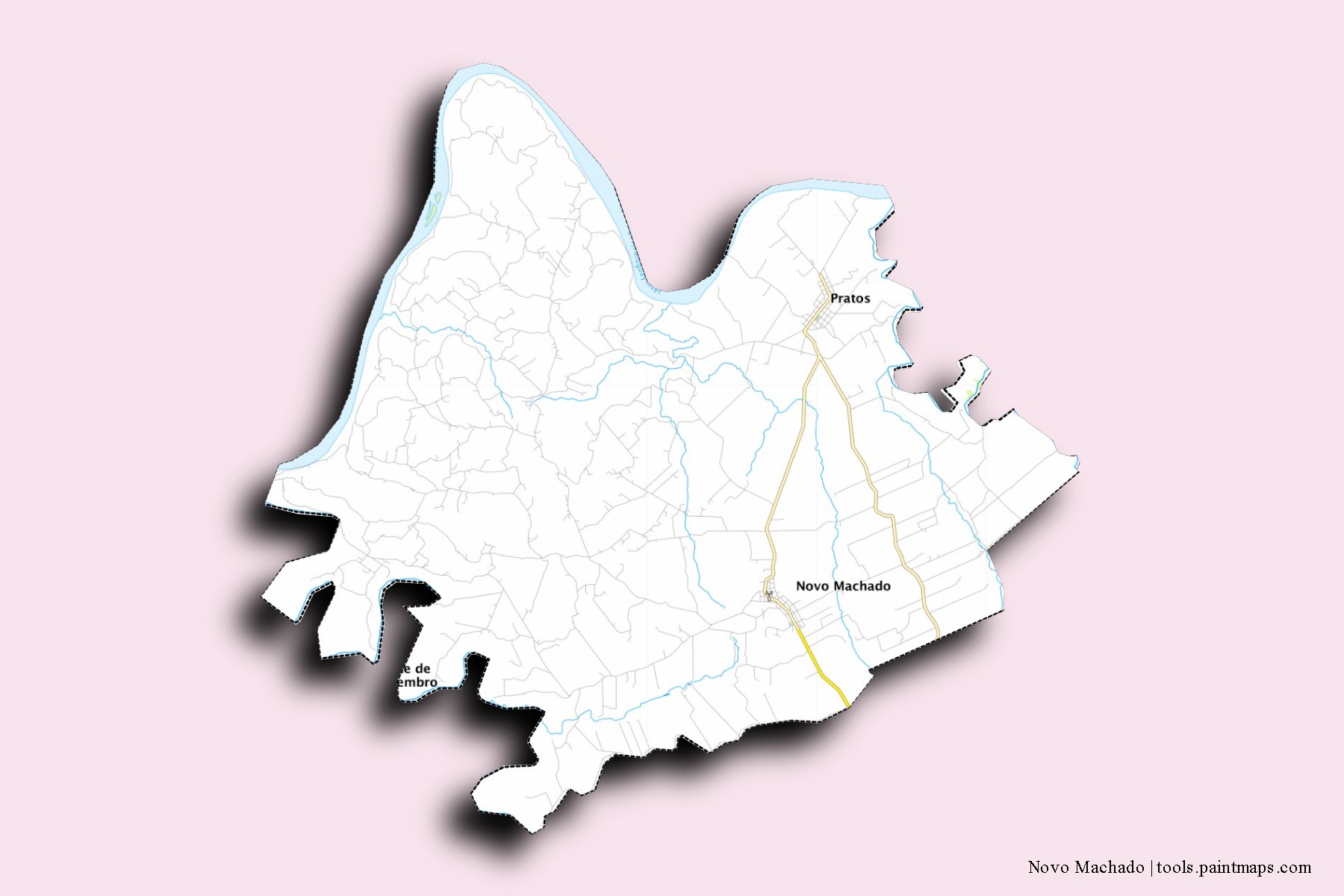 Novo Machado neighborhoods and villages map with 3D shadow effect