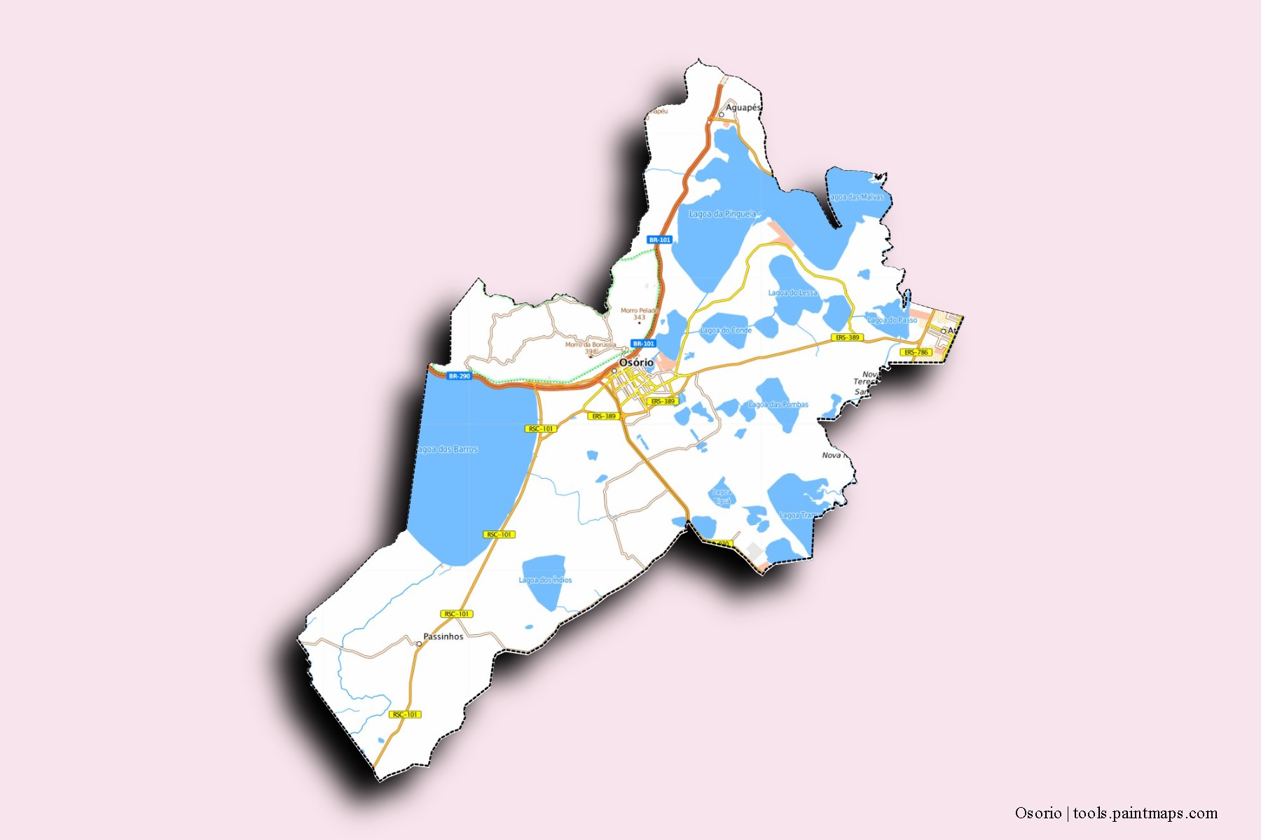 Osorio neighborhoods and villages map with 3D shadow effect