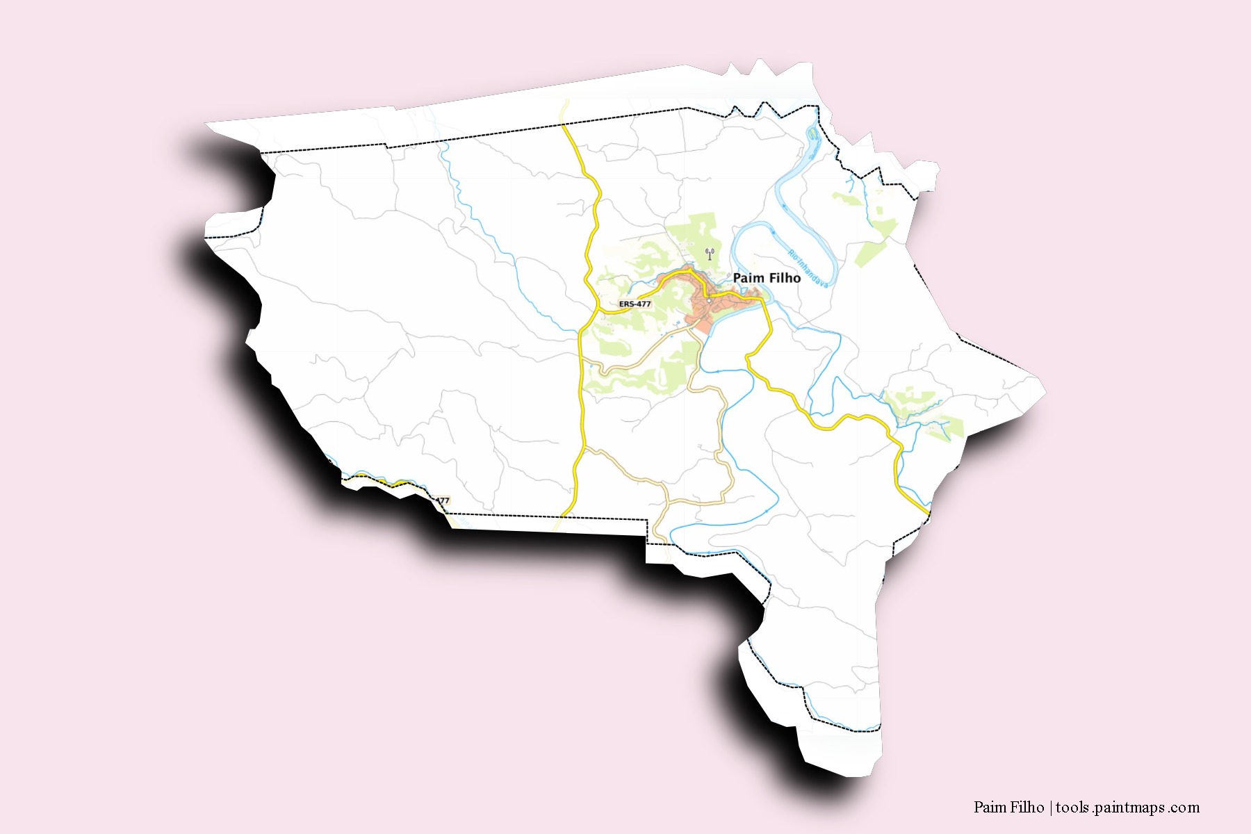 Mapa de barrios y pueblos de Paim Filho con efecto de sombra 3D