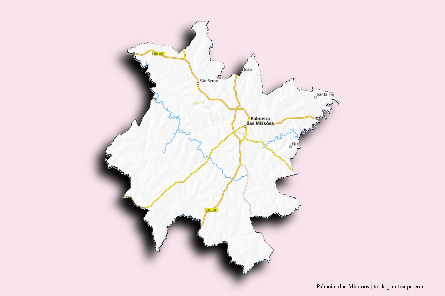 Mapa de barrios y pueblos de Palmeira das Missoes con efecto de sombra 3D