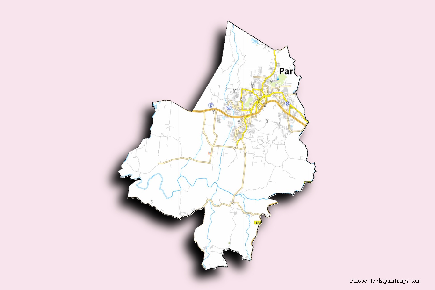 Mapa de barrios y pueblos de Parobe con efecto de sombra 3D