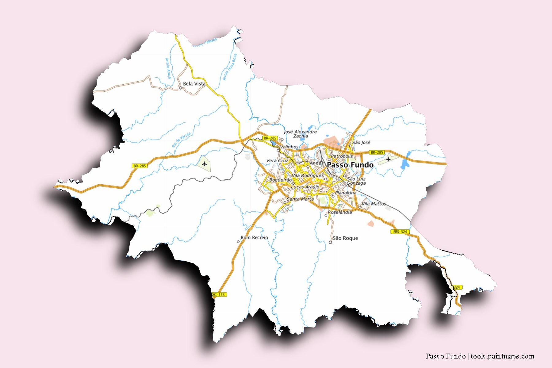 Mapa de barrios y pueblos de Passo Fundo con efecto de sombra 3D
