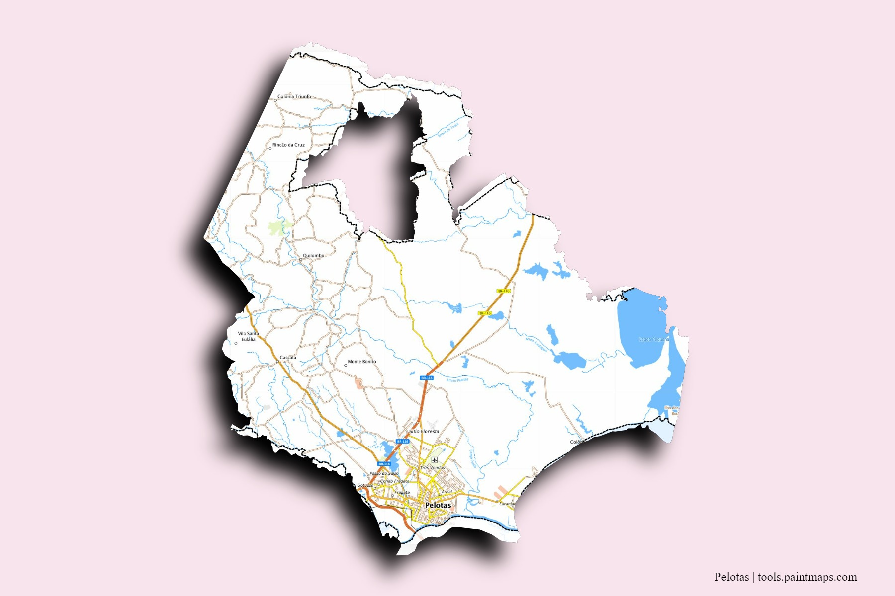 Mapa de barrios y pueblos de Pelotas con efecto de sombra 3D