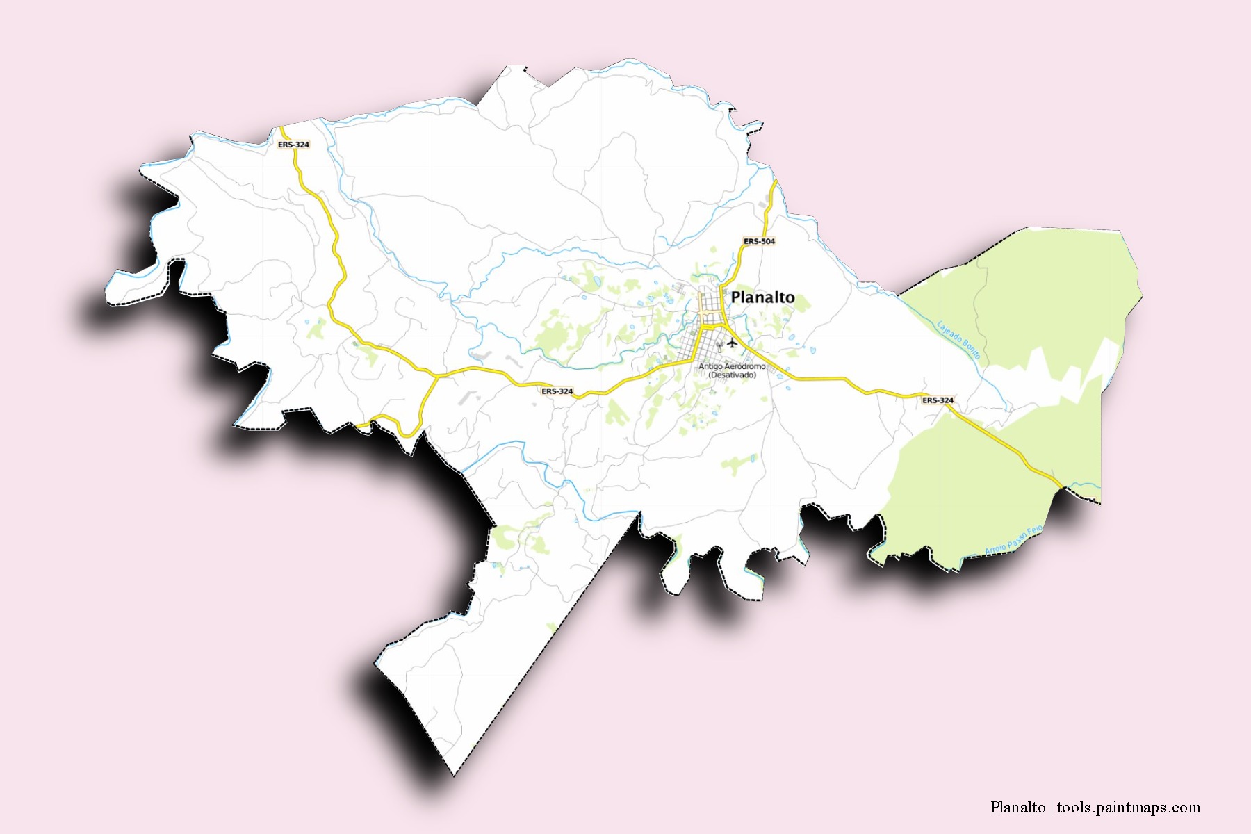 Mapa de barrios y pueblos de Planalto con efecto de sombra 3D