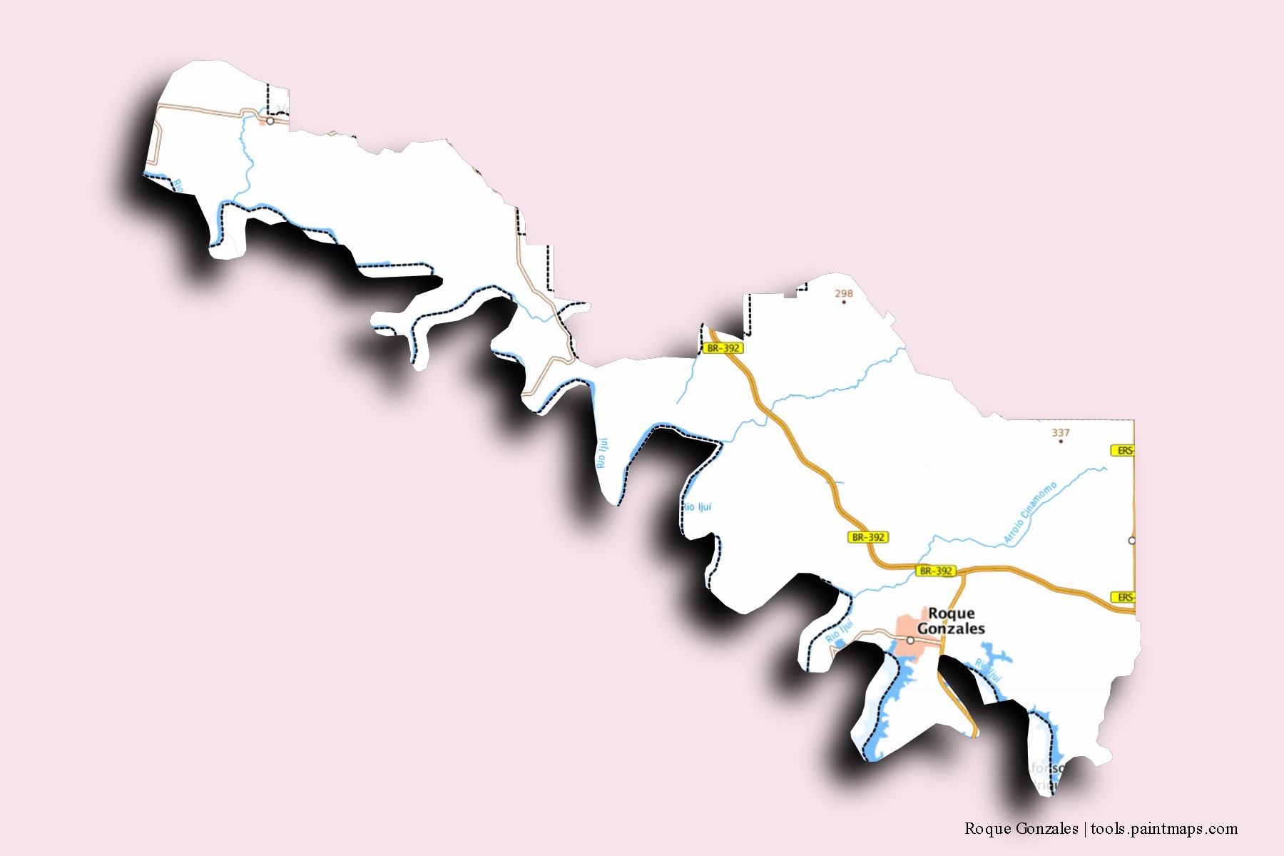 Mapa de barrios y pueblos de Roque Gonzales con efecto de sombra 3D