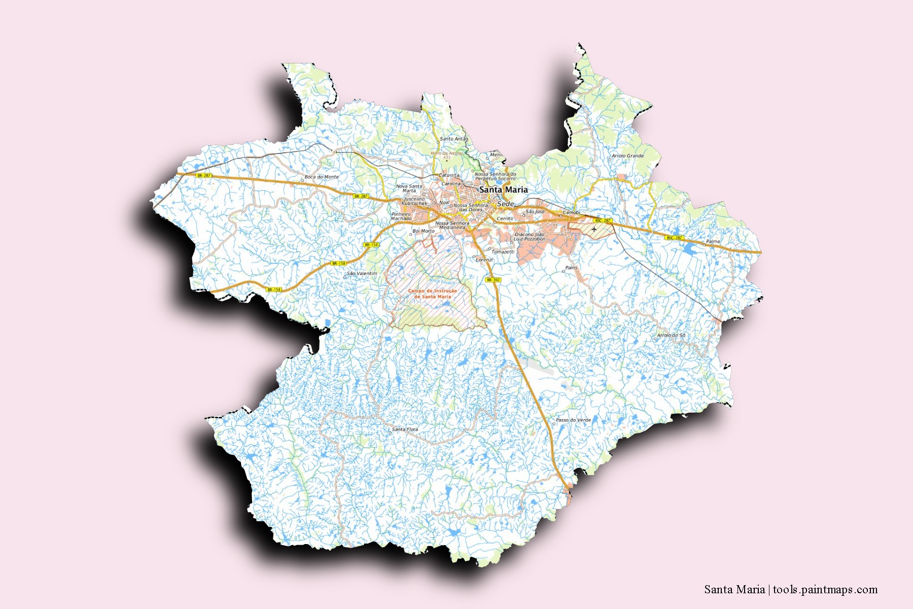 Santa Maria neighborhoods and villages map with 3D shadow effect