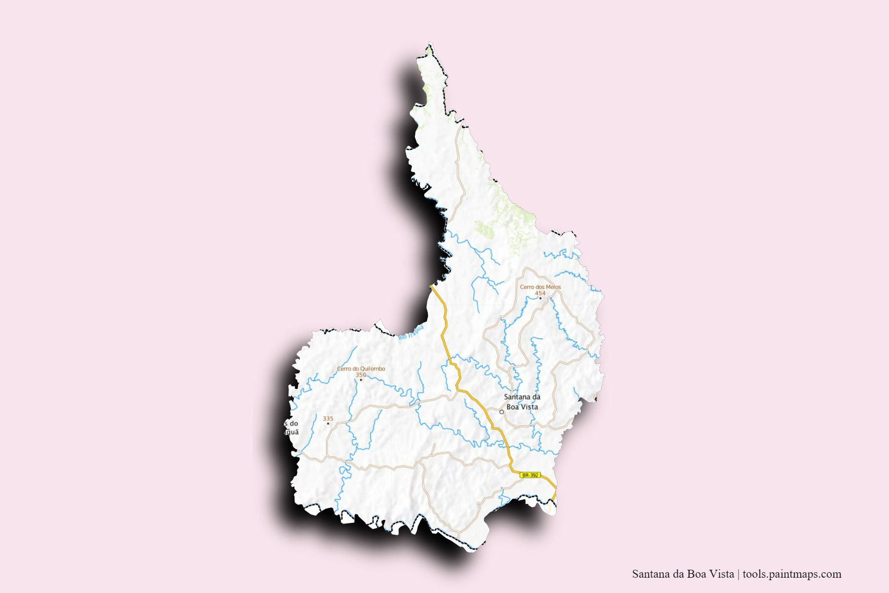 Mapa de barrios y pueblos de Santana da Boa Vista con efecto de sombra 3D