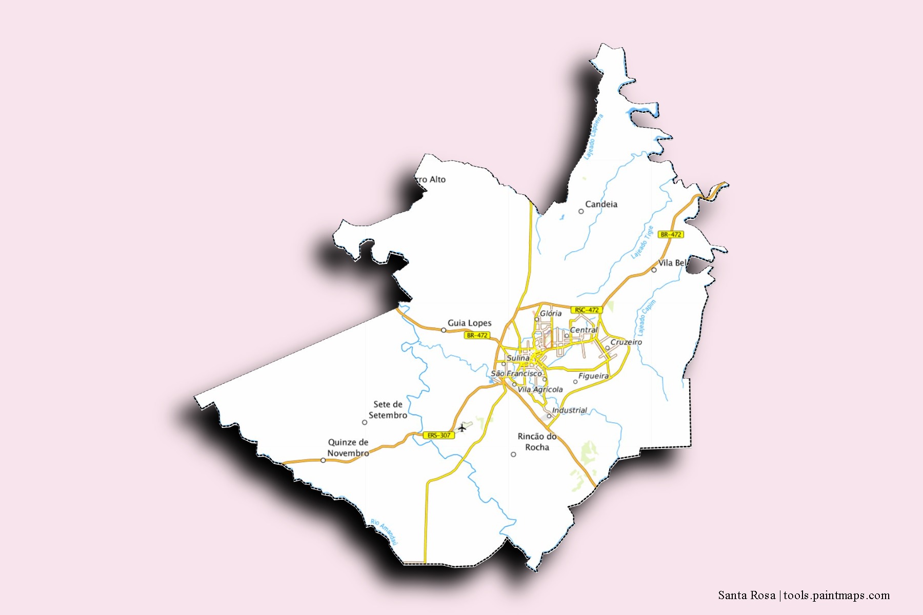 Santa Rosa neighborhoods and villages map with 3D shadow effect