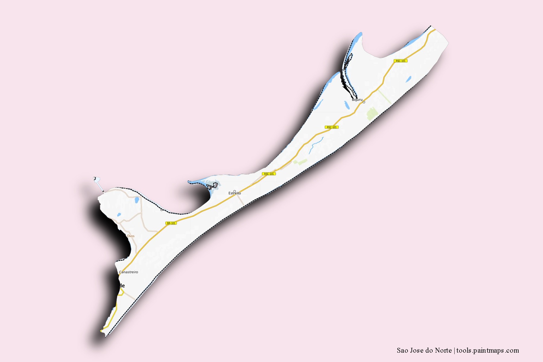 Mapa de barrios y pueblos de Sao Jose do Norte con efecto de sombra 3D
