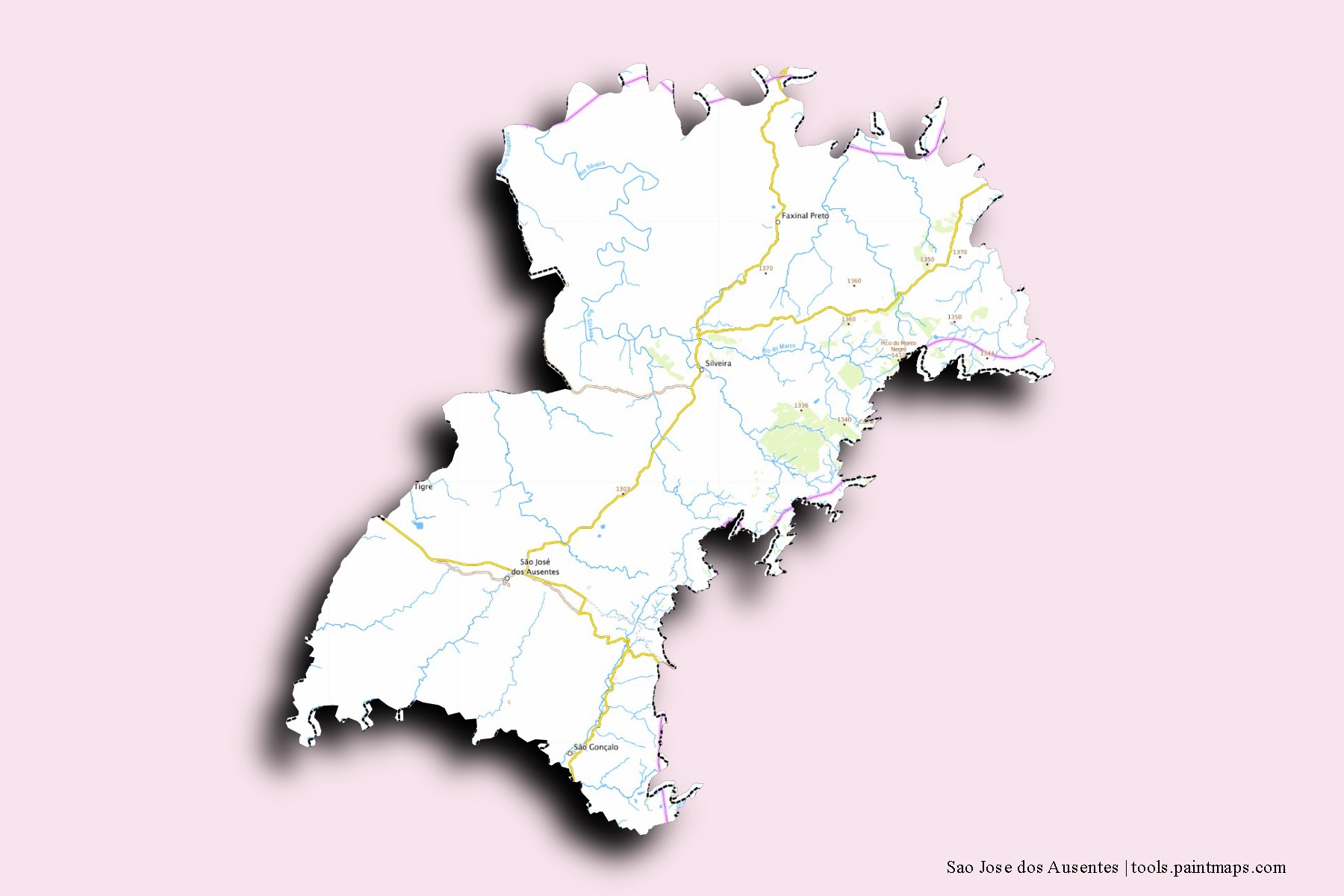 Mapa de barrios y pueblos de Sao Jose dos Ausentes con efecto de sombra 3D