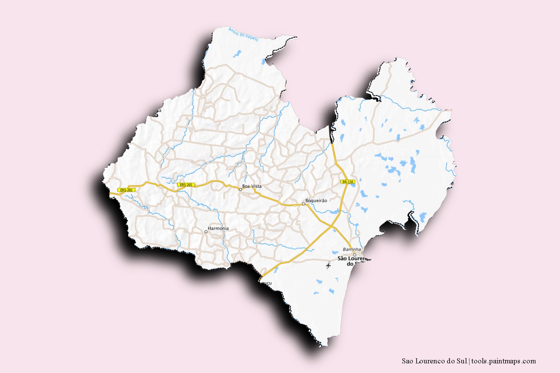 Mapa de barrios y pueblos de Sao Lourenco do Sul con efecto de sombra 3D