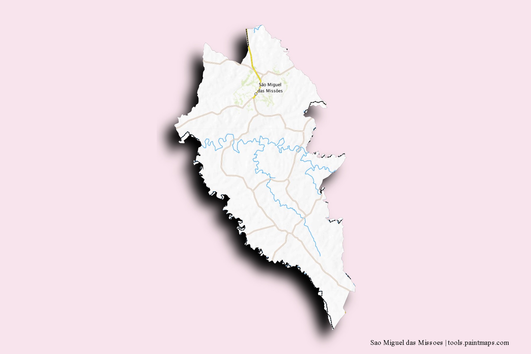 Mapa de barrios y pueblos de Sao Miguel das Missoes con efecto de sombra 3D