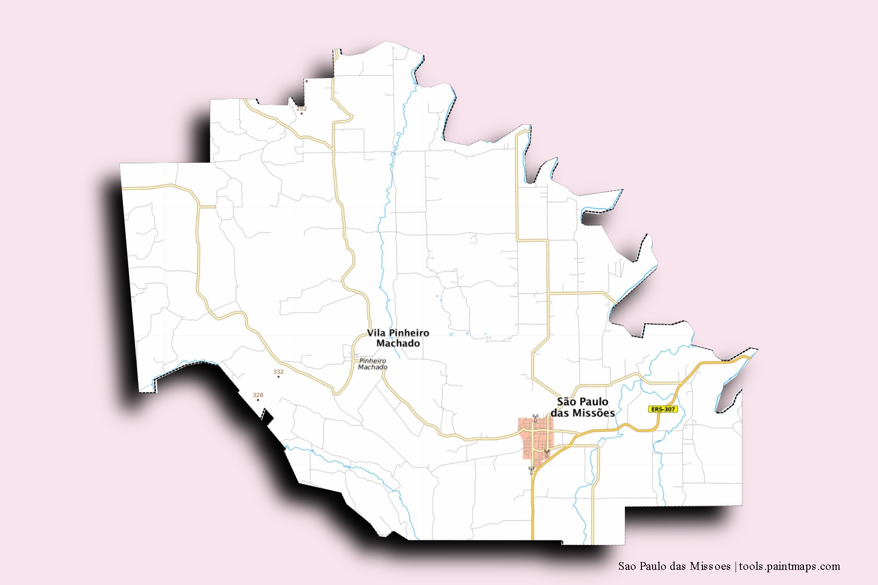 3D gölge efektli Sao Paulo das Missoes mahalleleri ve köyleri haritası