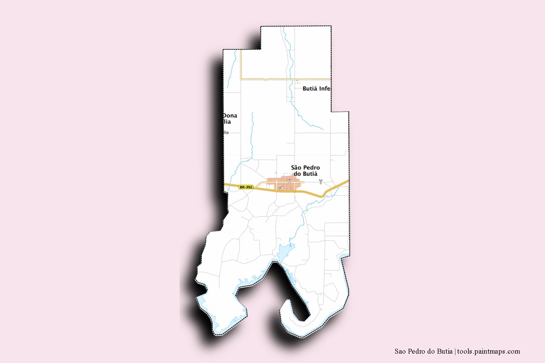 Mapa de barrios y pueblos de Sao Pedro do Butia con efecto de sombra 3D