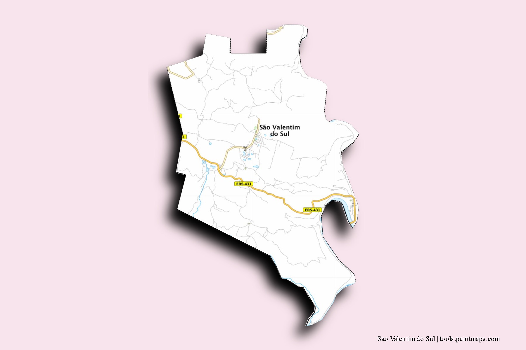 Mapa de barrios y pueblos de Sao Valentim do Sul con efecto de sombra 3D