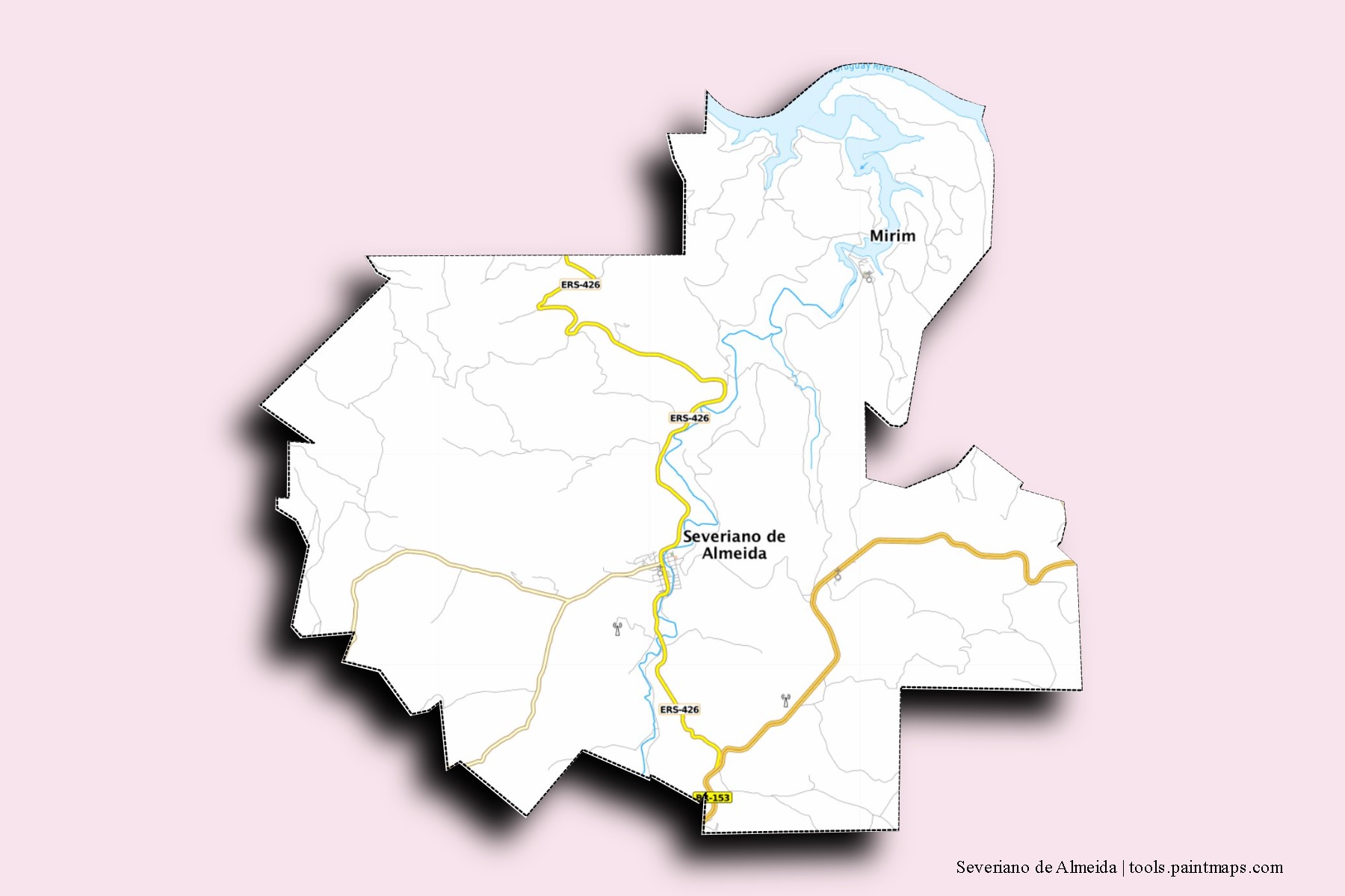 Mapa de barrios y pueblos de Severiano de Almeida con efecto de sombra 3D