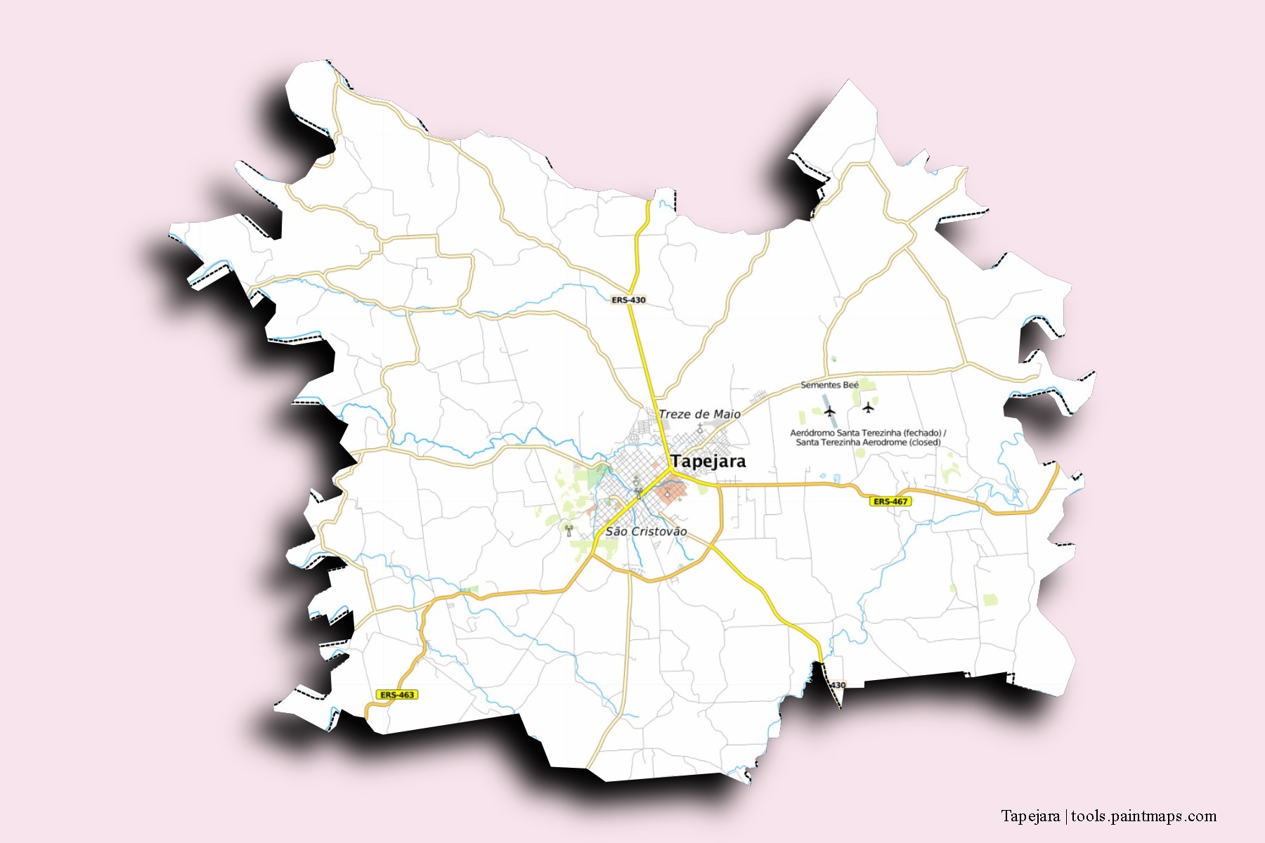 Mapa de barrios y pueblos de Tapejara con efecto de sombra 3D