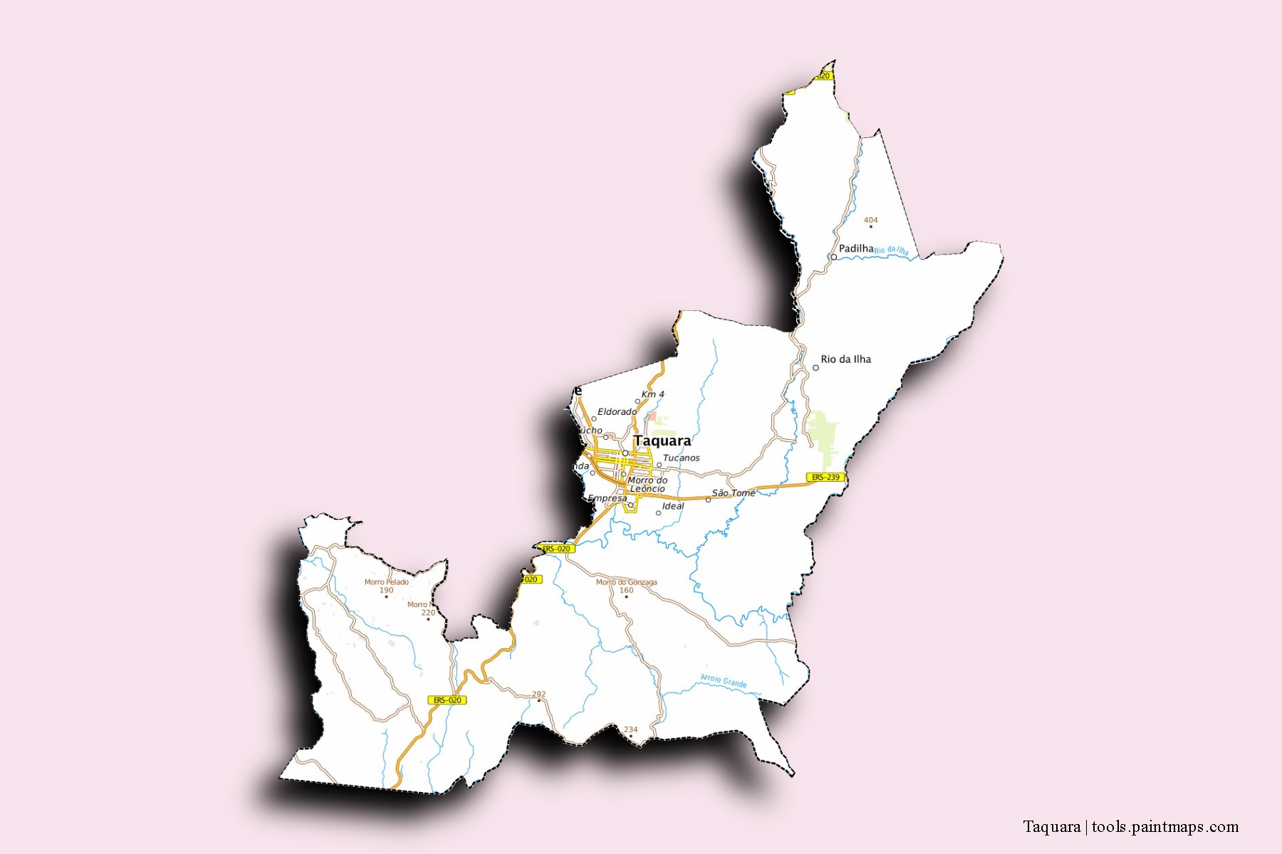 Mapa de barrios y pueblos de Taquara con efecto de sombra 3D