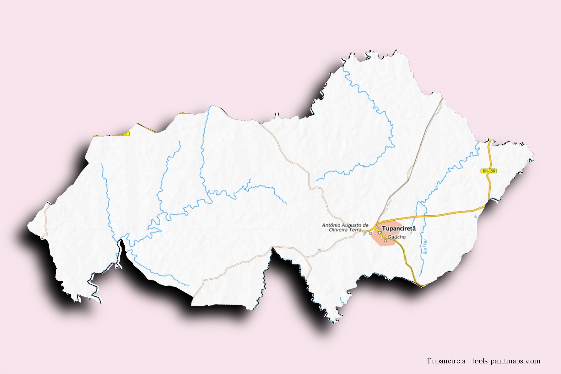 Tupancireta neighborhoods and villages map with 3D shadow effect