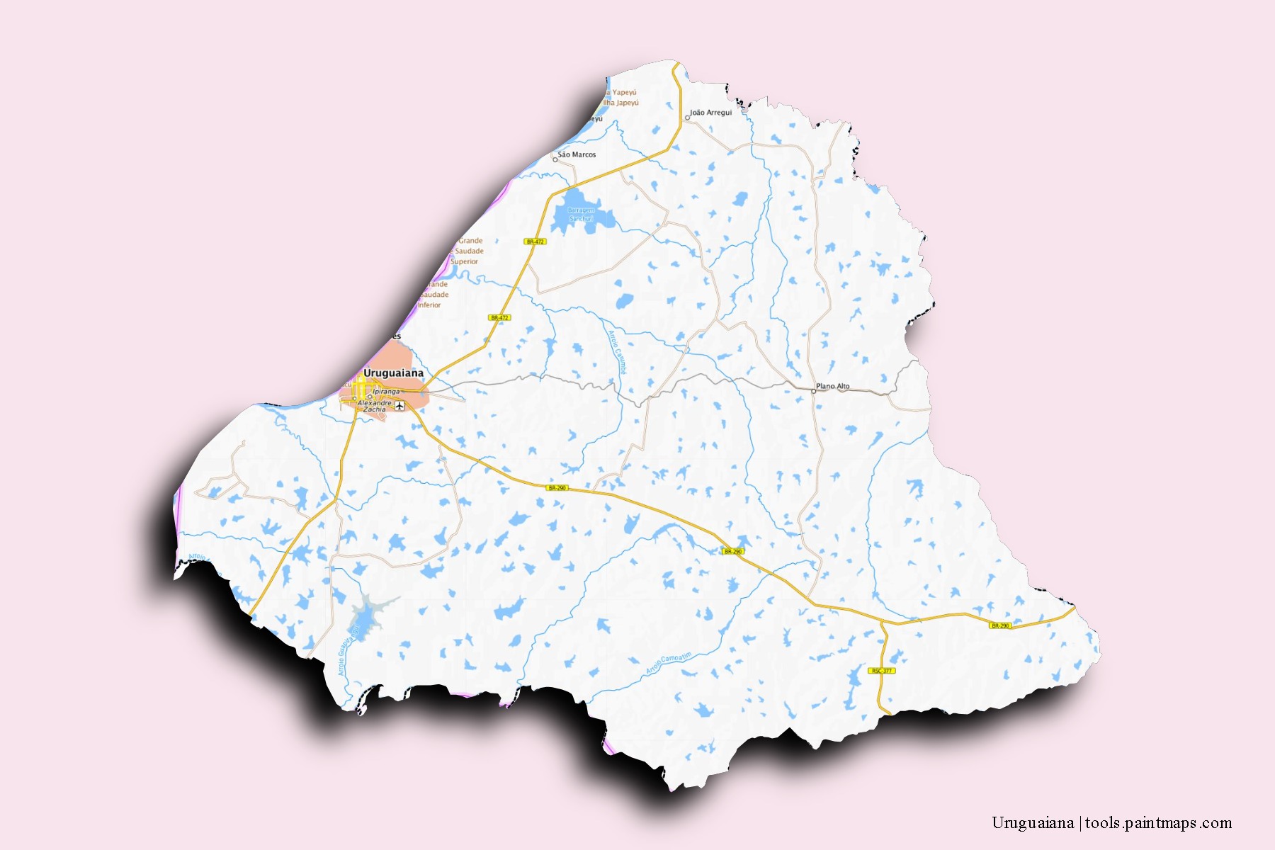 Mapa de barrios y pueblos de Uruguaiana con efecto de sombra 3D