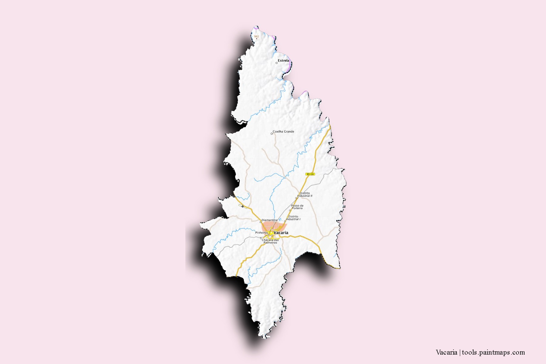 Mapa de barrios y pueblos de Vacaria con efecto de sombra 3D