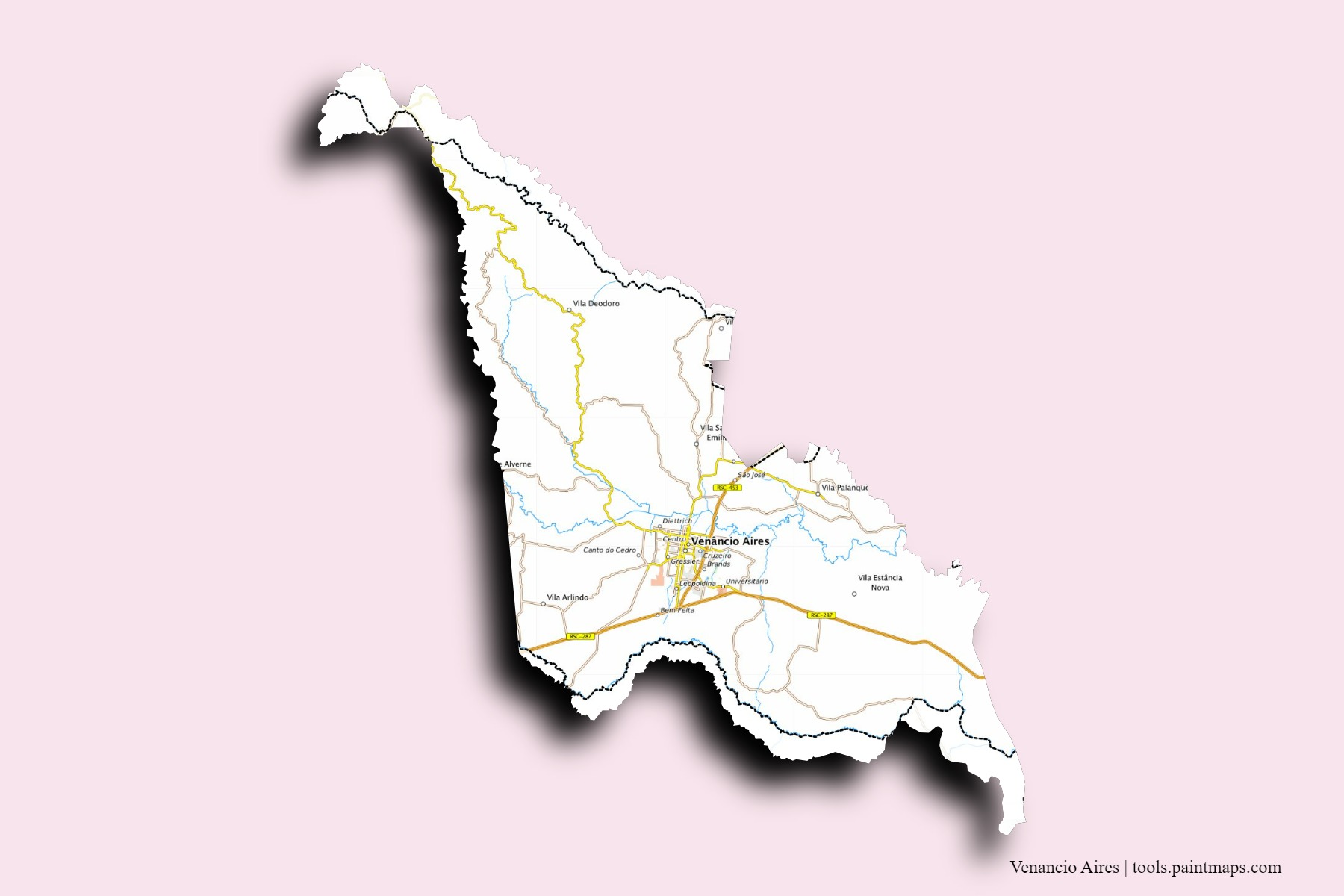 Mapa de barrios y pueblos de Venancio Aires con efecto de sombra 3D